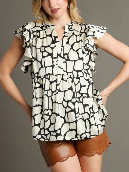 Womens Casual Babydoll Chic Ruffle Flutter Sleeve Abstract Print Mini Top Black White Giraffe Pattern High Neck Flowy Blouse Summer Party Dating Loose Fit Tunic