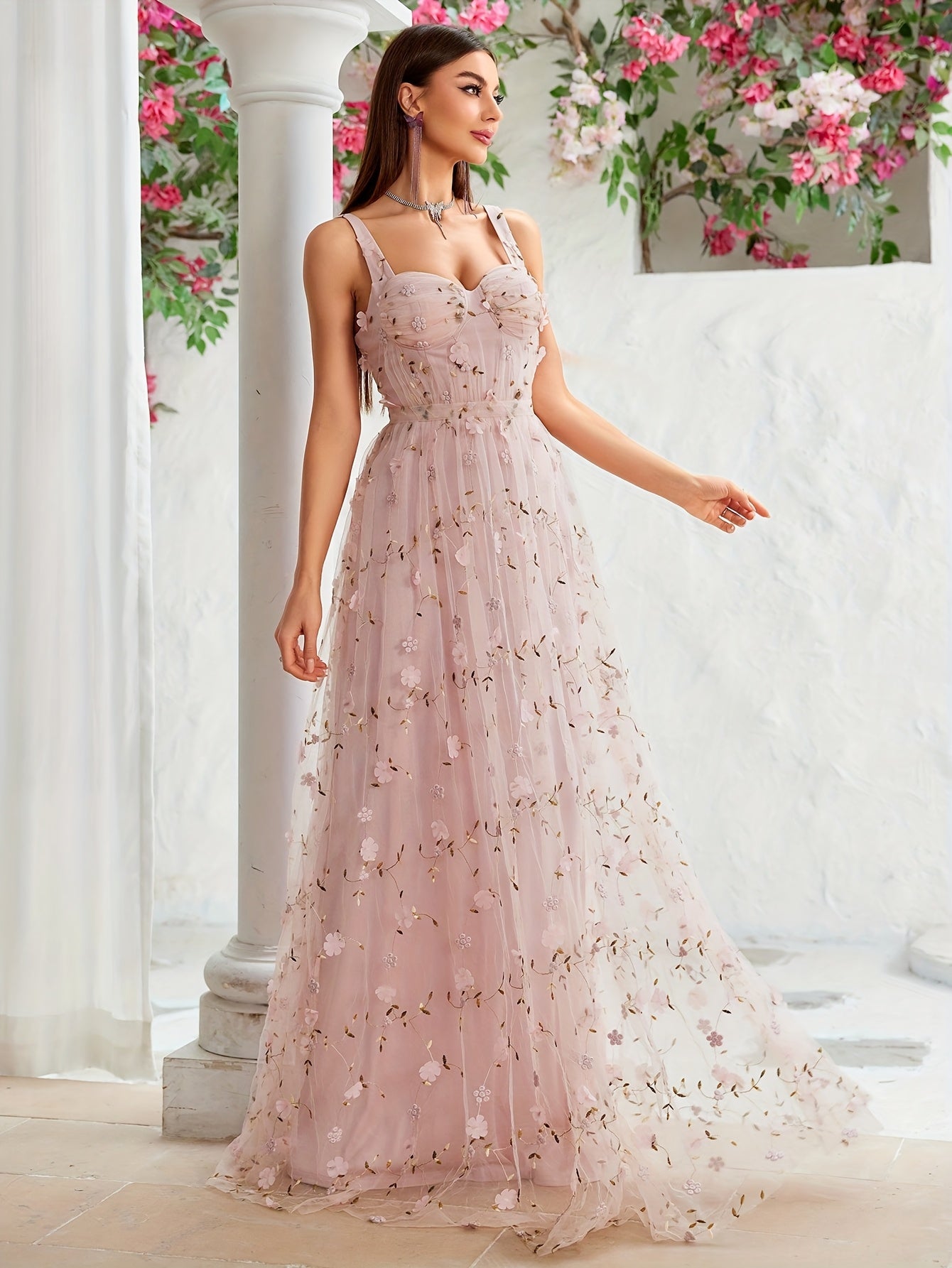 Women's Elegant Off-Shoulder 3D Floral Embroidery Dress with Lace Panels, Waist Folds & Flared A-Line Long Skirt - Hand Wash Only, All-Season Formal & Casual Wear, Special Occasion Gown, Sophisticated Style, Highquality Embroidery