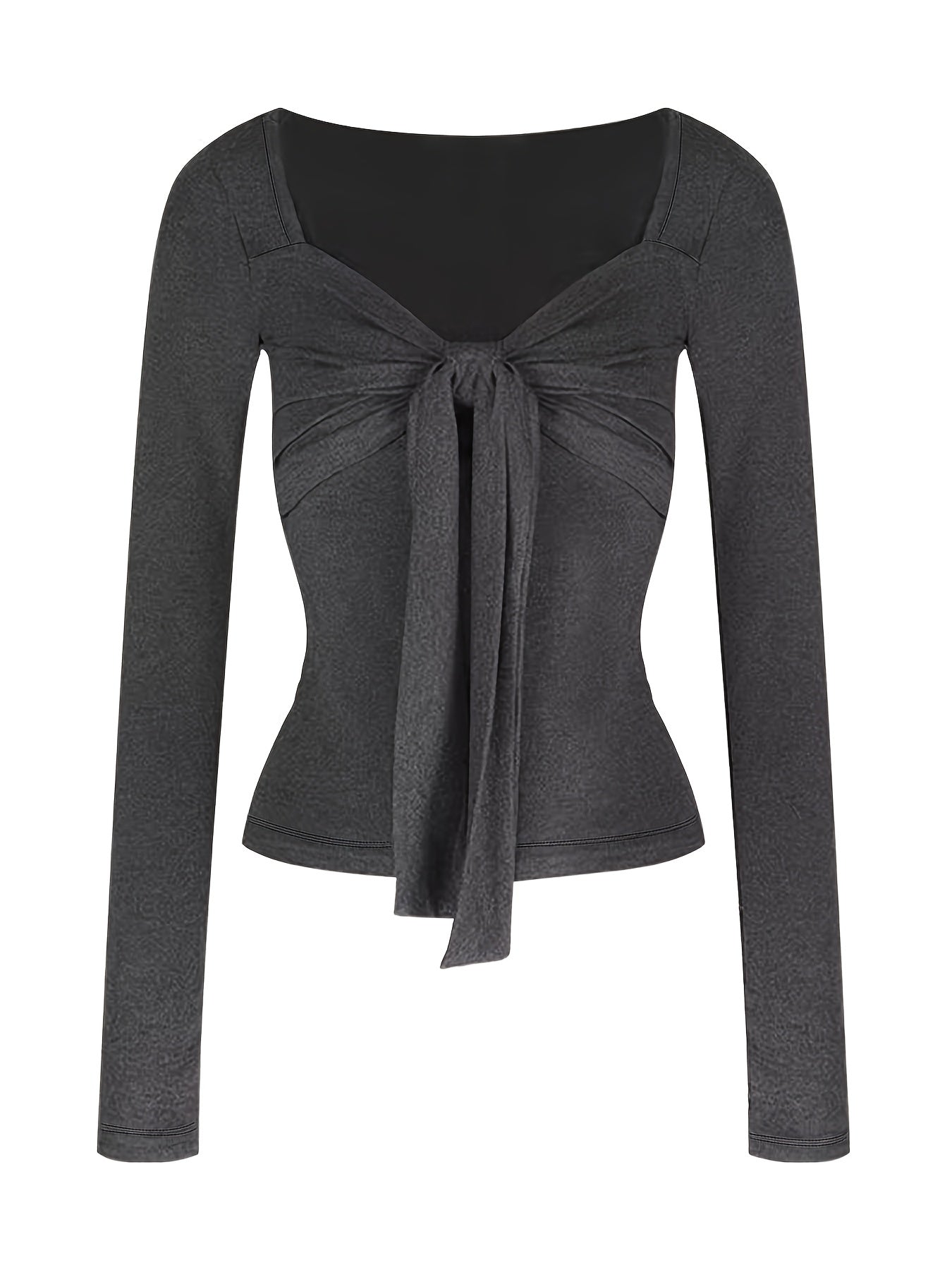 Chic French-Inspired Bow Tie Long Sleeve Crop Top for Women - Slim Fit, Ruched Design, Soft & Stylish, Perfect for Spring\u002FFall, Solid Color, Versatile Layering Piece, Autumn Chic Top | Chic Long Sleeve Top | Ruched Detailing
