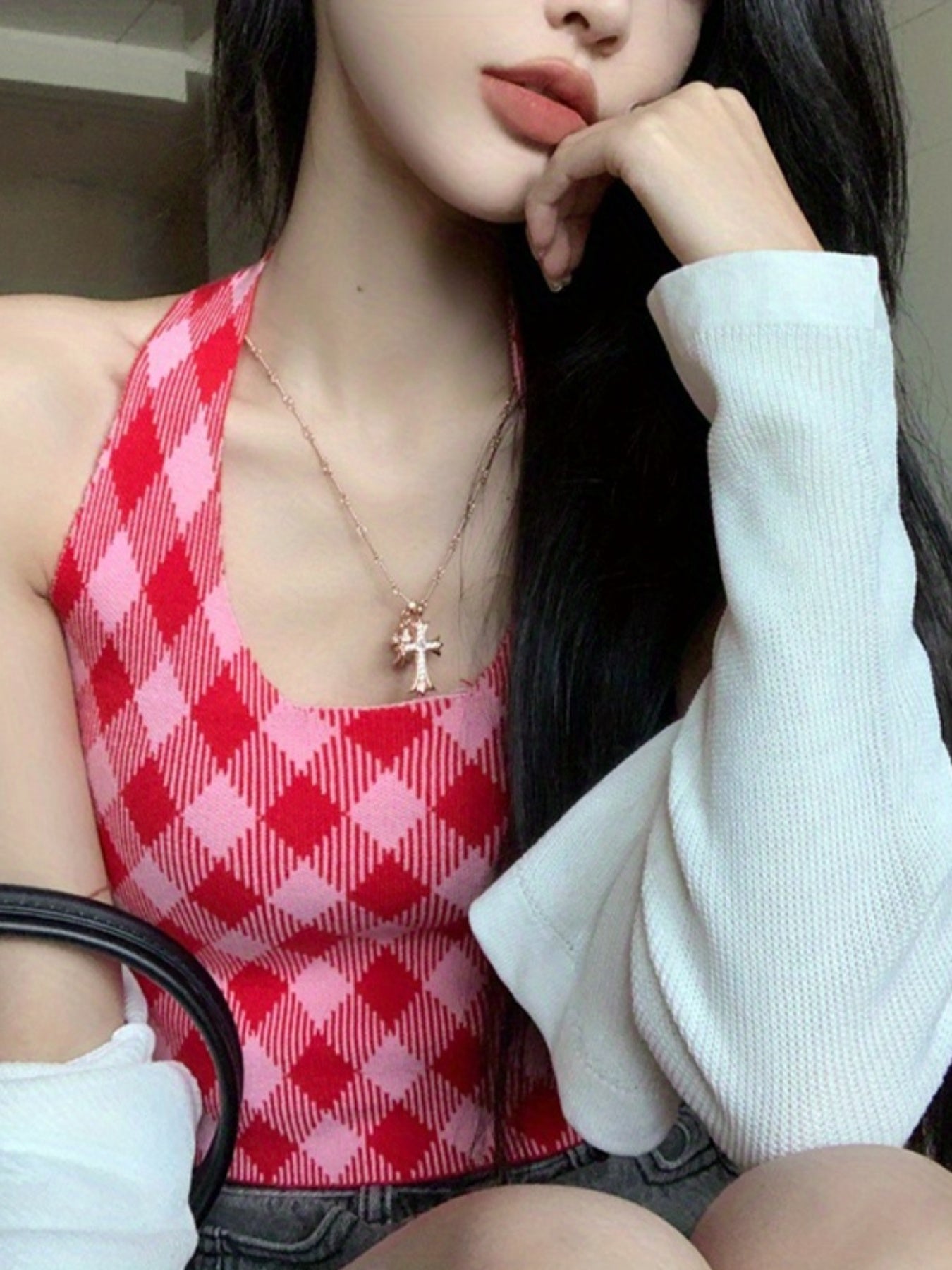 Women's Red and White Gingham Halter Crop Top - Sleeveless, Backless, Asymmetrical Cut, Summer Streetwear Tank Top, Ladies Tank Tops