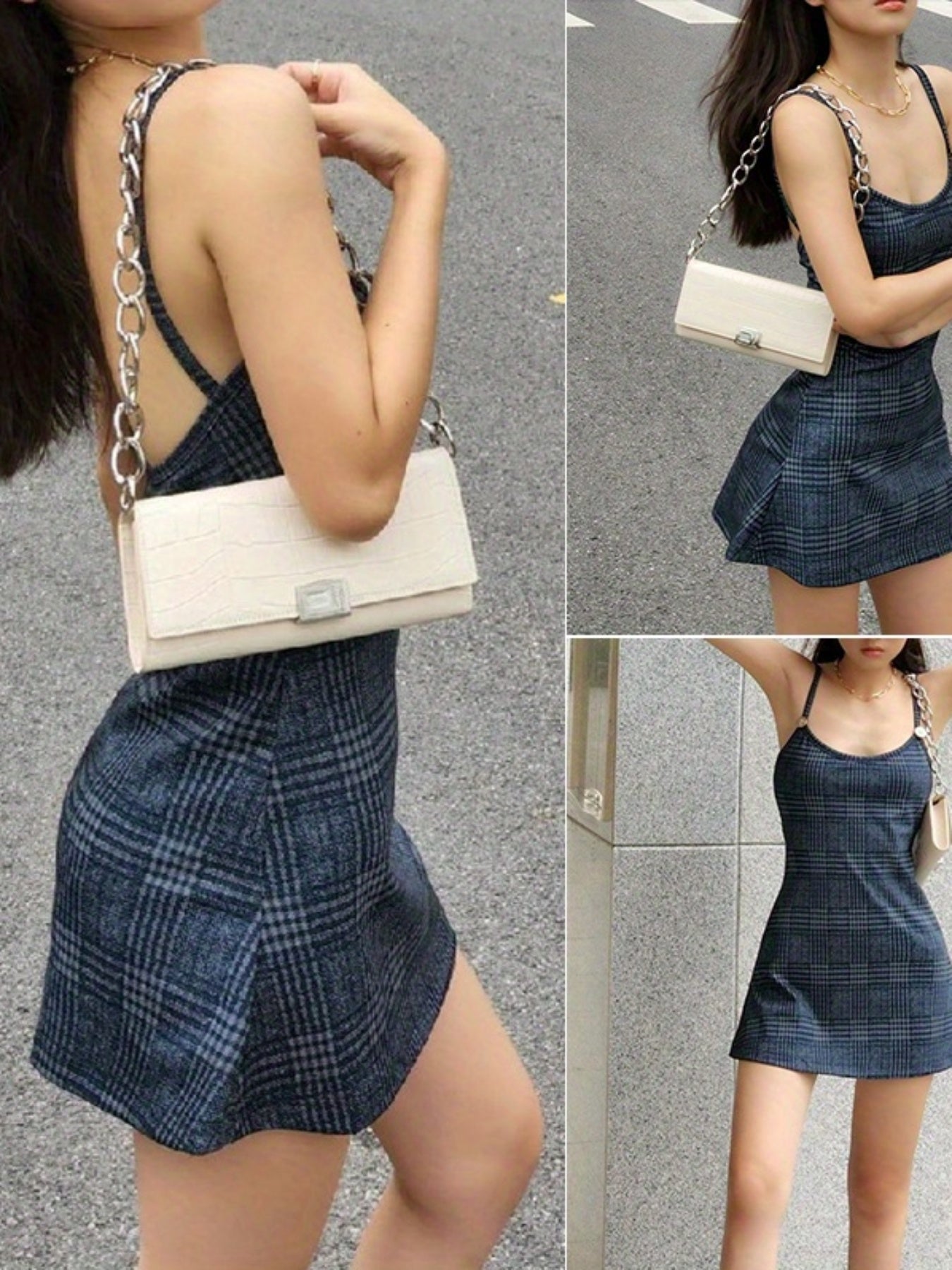 Womenacute;s Slip Dress, Sleeveless Plaid Pattern Backless Slim-Fit Metal Decoration Sling Dress, Casual Simple One-Piece Clothes
