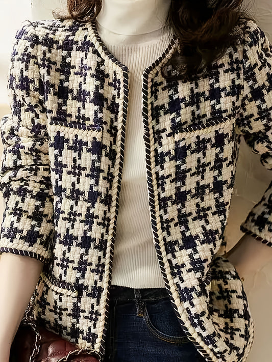 Women's Houndstooth Tweed Blazer Coat - Beige\u002F\u002FBlack\u002FBrown\u002FBurgundy Jacket with White Piping, Structured Collar & Button Front, Machine Washable British-Inspired Outerwear for Office, Weddings & Casual