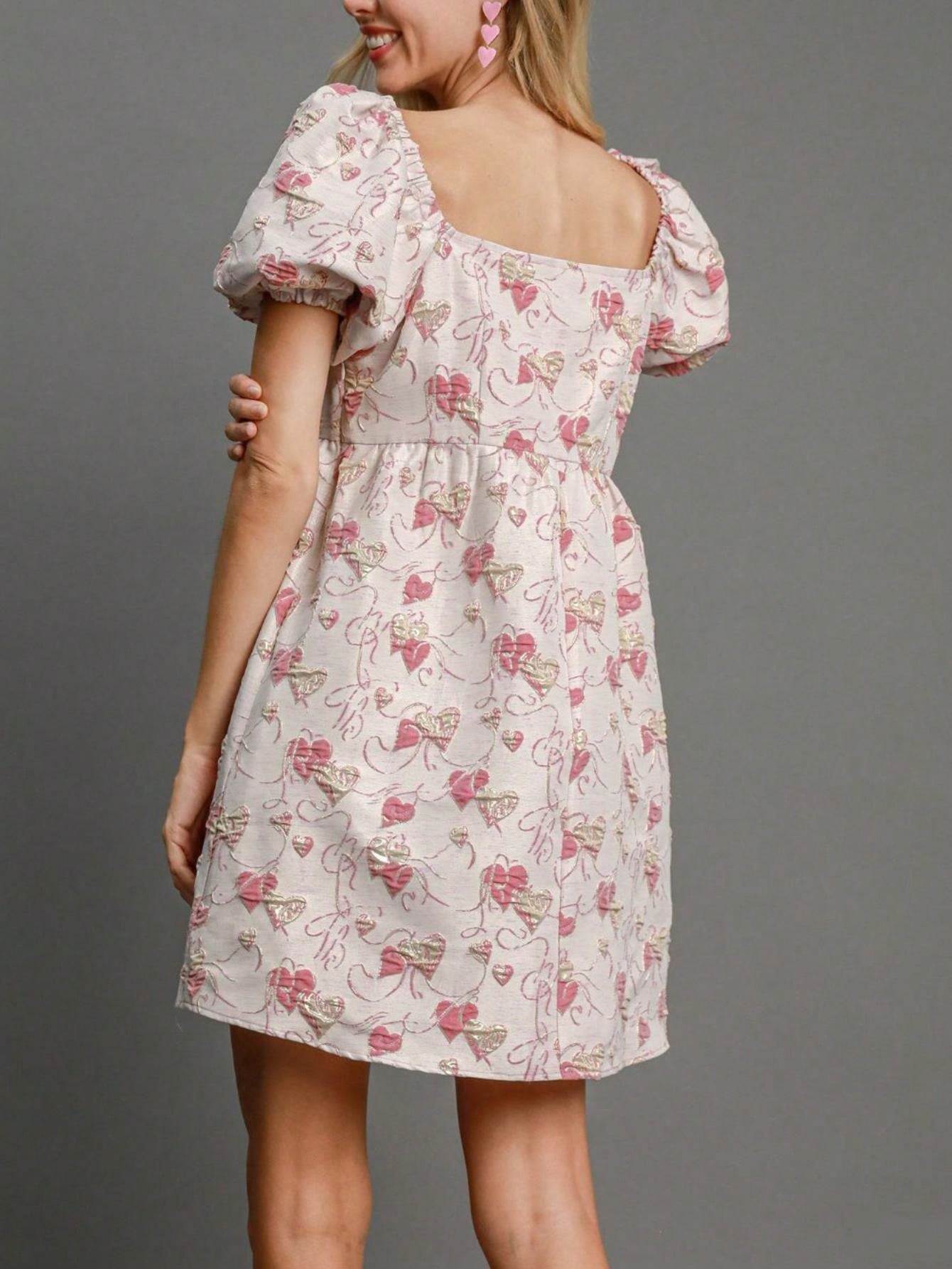 Women's Casual Babydoll Dress Cute Heart Jacquard Mini Dress Pink White Lightweight Textured Fabric Square Neck Puff Short Sleeves High Empire Waist Perfect For Spring\u002FSummer\u002FFall Bridal Showers Daytime Events Celebrations