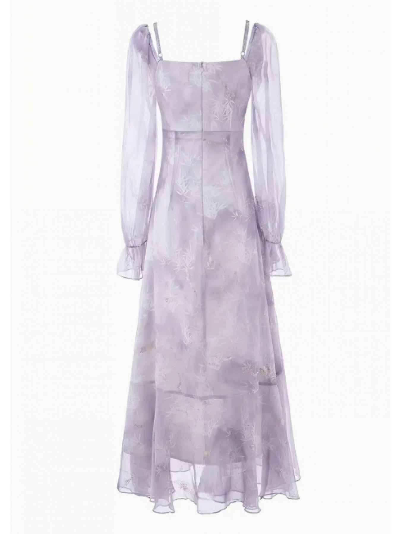 Elegant Gray-Blue Ombre Ruffled Long Sleeve Dress with Princess Sleeves & Square Neckline - Bodycon Floor-Length Summer Dress for Women, Machine Washable