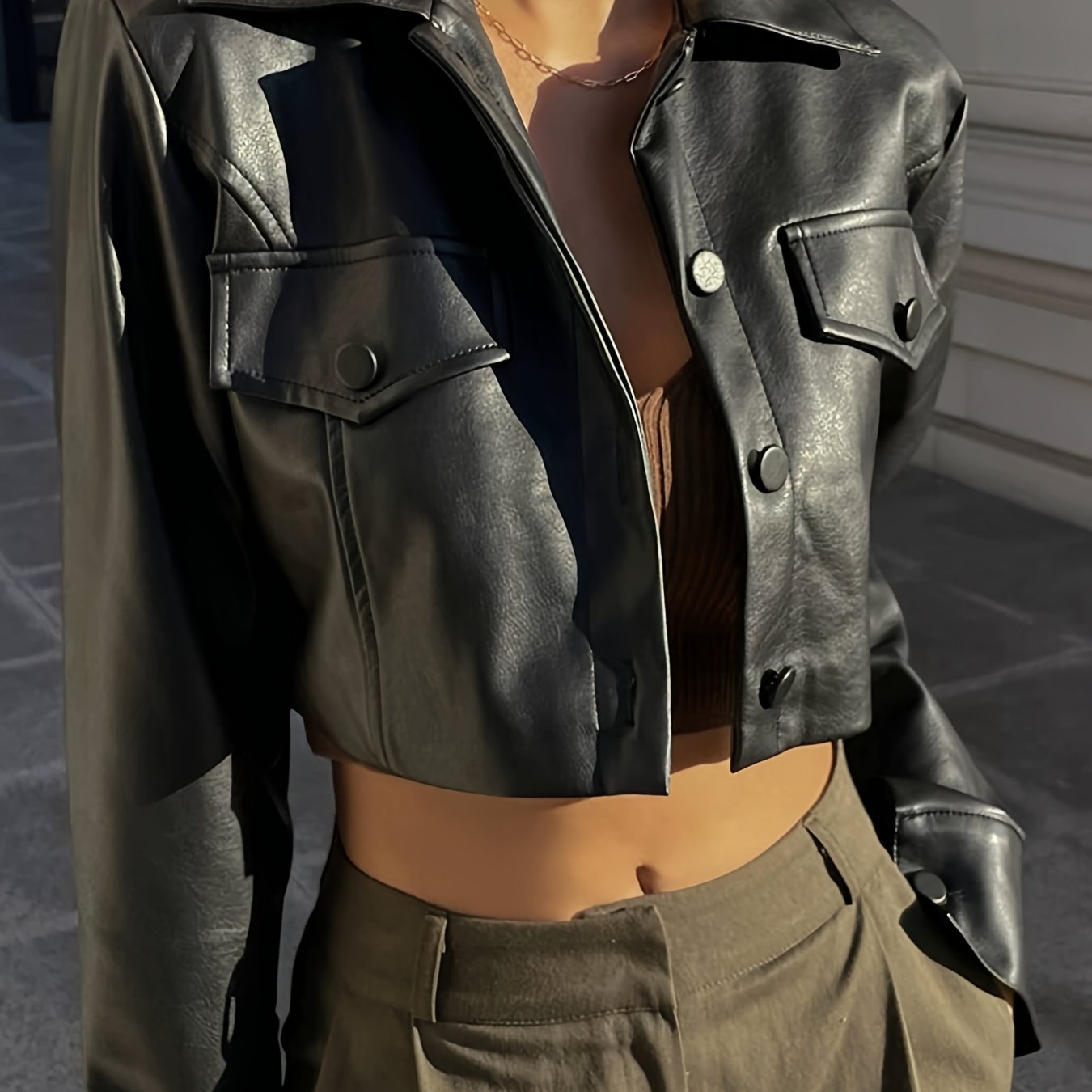 Women's Black Motorcycle Jacket Short Crop Lapel Coat - Slim-Fit H-Line Silhouette, Single-Breasted Button Front with Chest Pocket, All-Season Casual Outerwear (No Belt) for Jeans & Dresses, Machine Washable