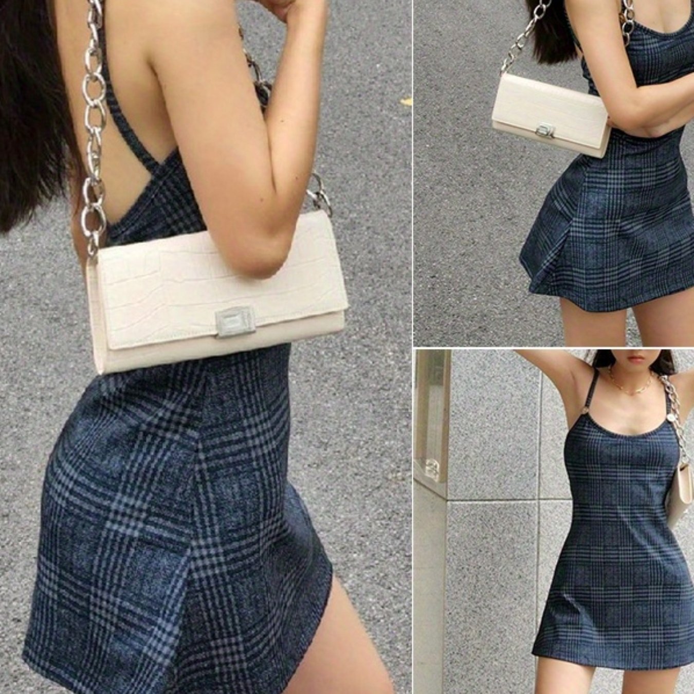 Womenacute;s Slip Dress, Sleeveless Plaid Pattern Backless Slim-Fit Metal Decoration Sling Dress, Casual Simple One-Piece Clothes