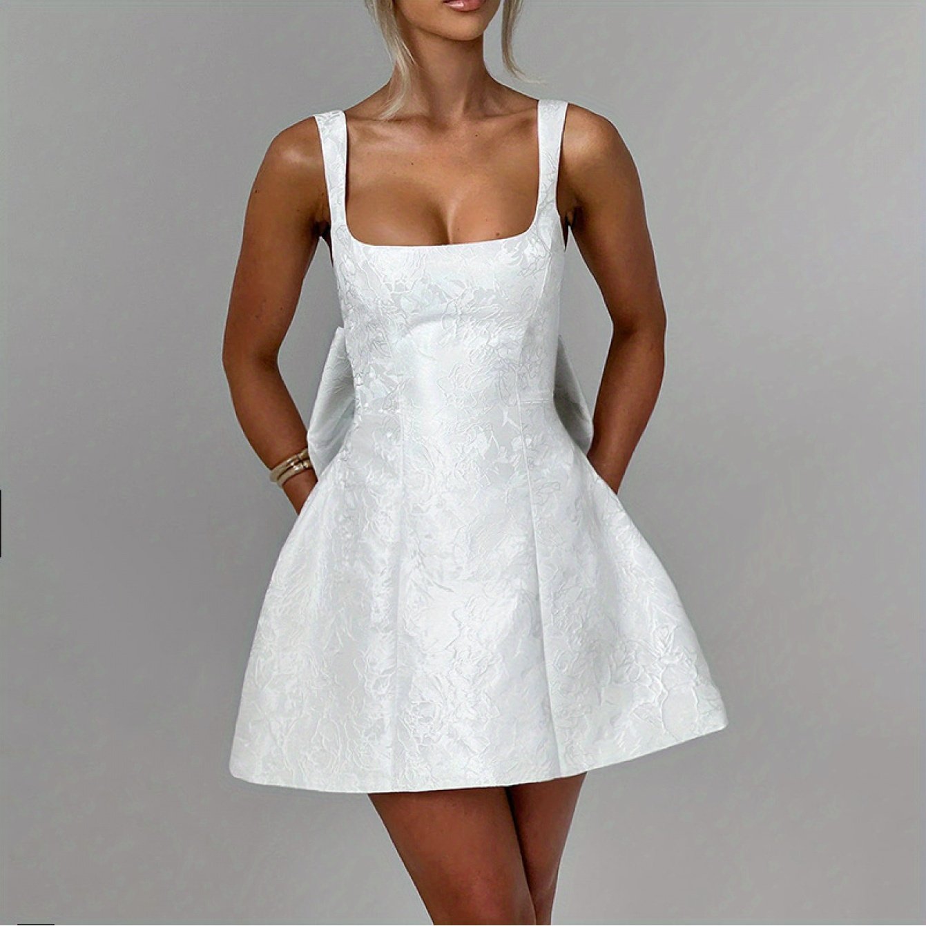 New Summer Bodycon Dress Socialite Style Elegant Sexy Slim Fit Square Neck Bow Dress