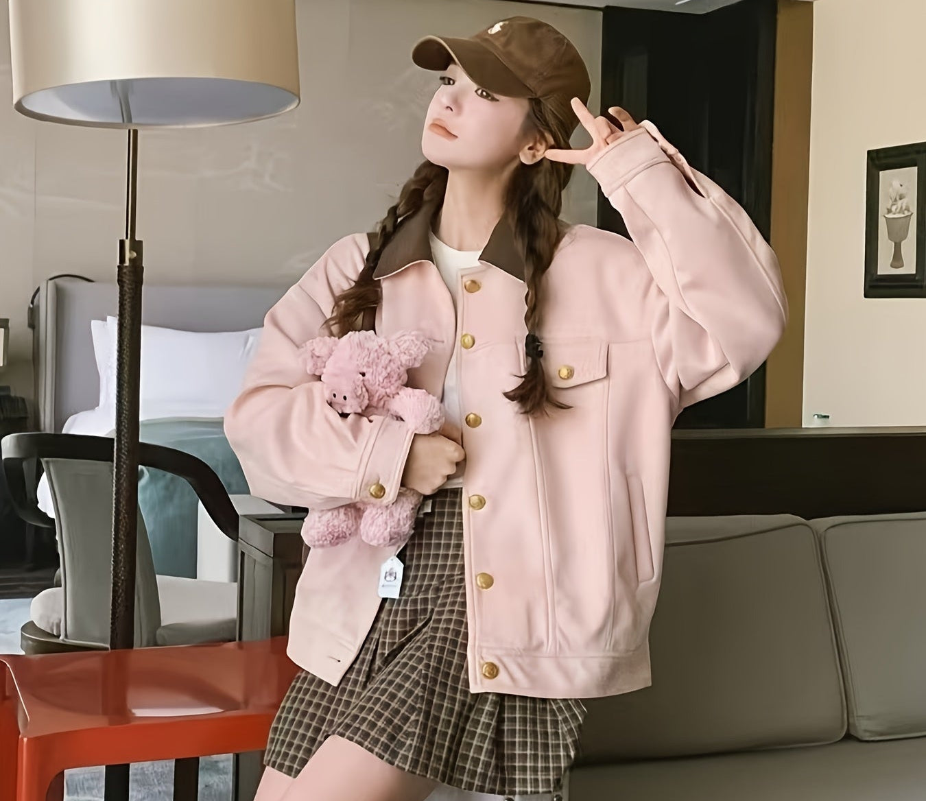 Pink Women's Casual Cargo Jacket - Loose Fit, Button-Up with Collar, Long Sleeve Outerwear for Spring & Fall, Retro Style, Polyester Material, Spring Jacket | Preppy Look | Golden Button Details