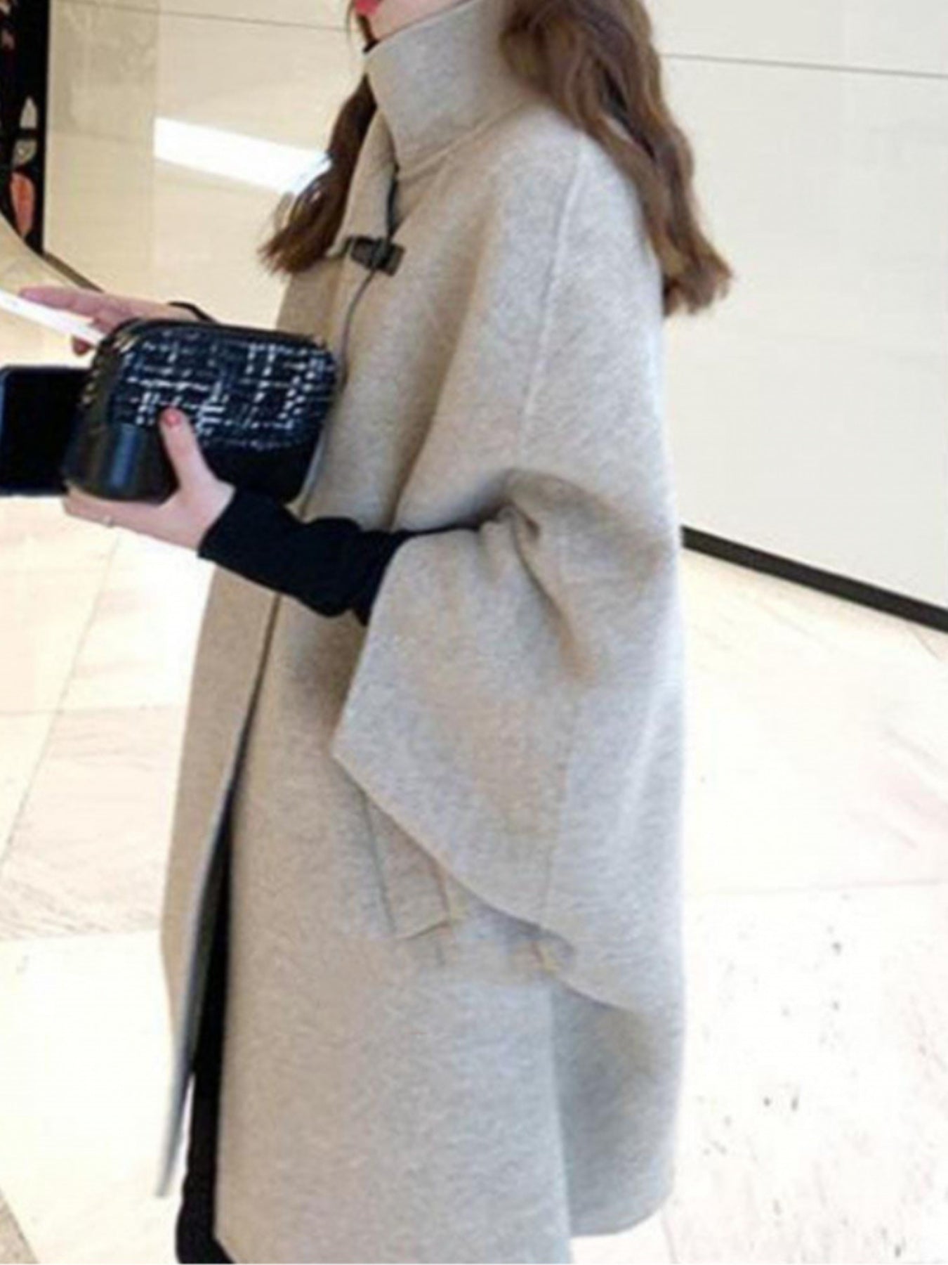 Women's Japanese Korean Style Cape Coat - Elegant Mid-Length Winter Coat with Hood-like Collar, Long Sleeve Korean Hanbok-Inspired Outerwear, Pockets & Smooth- (No Padding) for Fall & Winter, Casual to Formal Events (Hand Wash\u002FDry