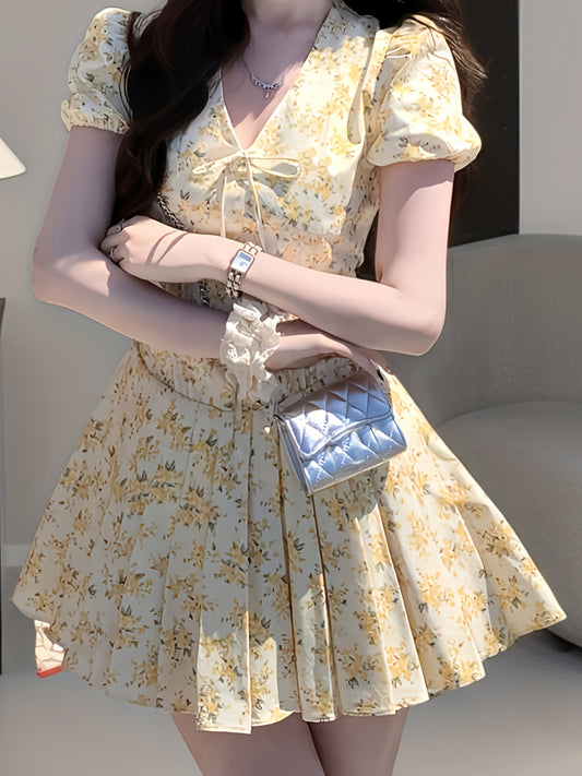 Women's Light Yellow Floral - V-Neck with Adjustable Waist Tie, A-Line Flared Skirt, Machine Washable Party & Everyday Dress for Brunch, Office, Formal Events - Non-See-Through Fabric, Elegant Skirts And Tops, Brunch Attire