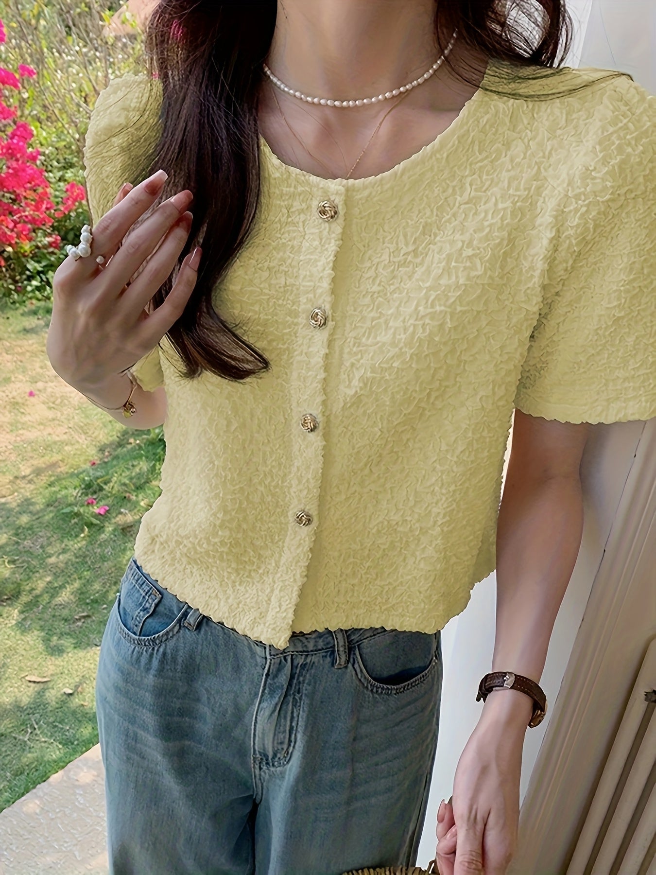 Summer New Unique And Beautiful Women'S French Style Shirt, Round Neck Short Sleeve, Button Up, Regular Fit, No Belt, No Padding, for Spring\u002FSummer\u002FFall