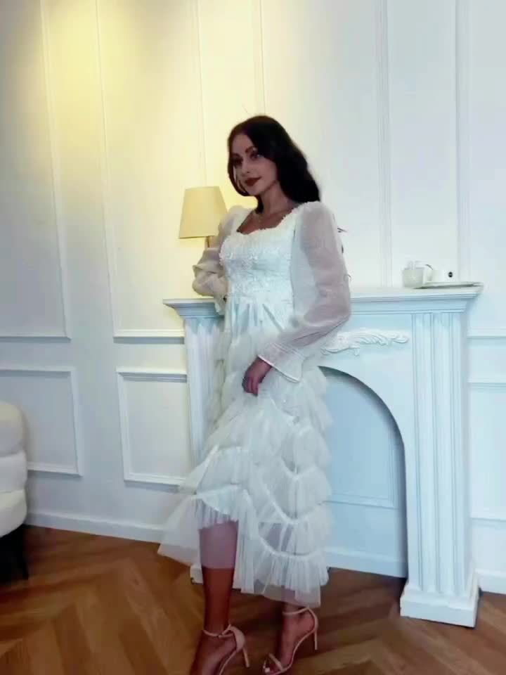 New French-Style Long-Sleeve Dress for Women with a Unique Design, Featuring a Gentle Forest Aesthetic, Perfect for a Fairy-Like Look.
