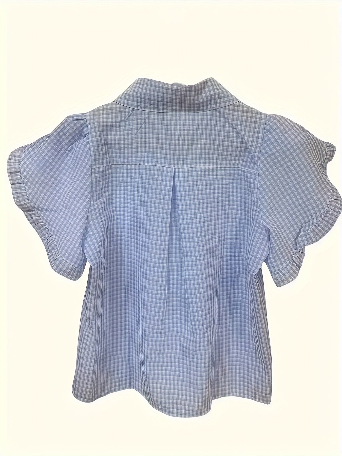 Chic Blue & White Gingham Short Sleeve Blouse with Ruffled Edges - Cute Crew Neck, Button-Up Shirt for Women, Perfect for Summer, Casual or Stylish Outfits, Ladies Blouses
