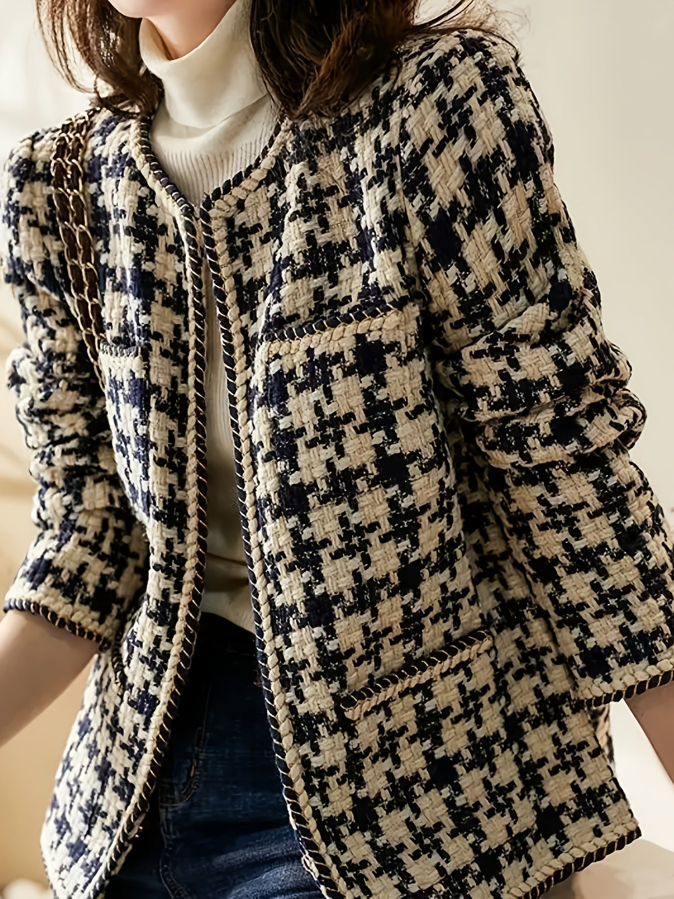 Women's Houndstooth Tweed Blazer Coat - Beige\u002F\u002FBlack\u002FBrown\u002FBurgundy Jacket with White Piping, Structured Collar & Button Front, Machine Washable British-Inspired Outerwear for Office, Weddings & Casual