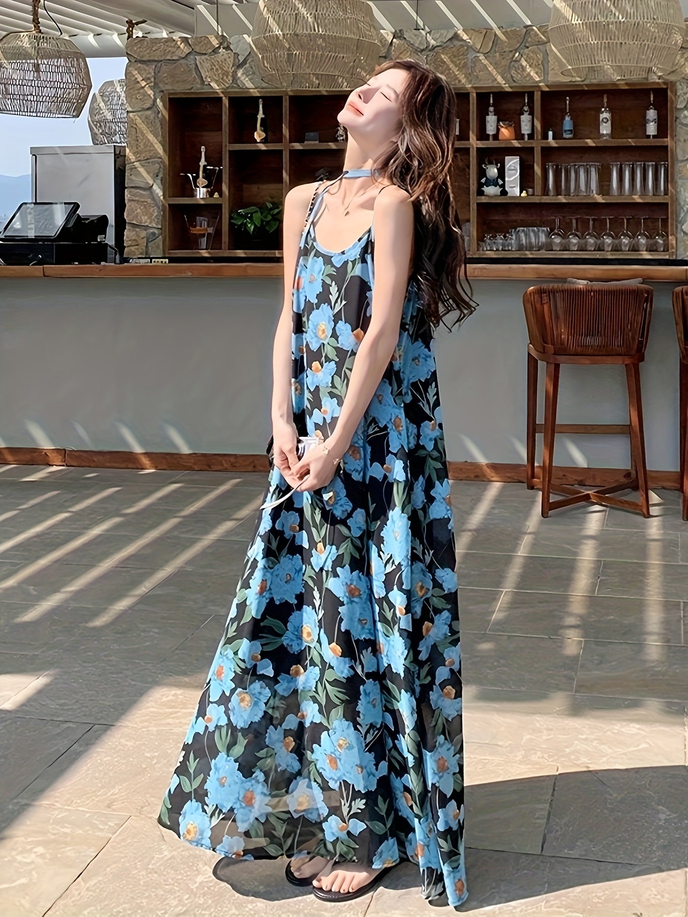 Women's Elegant Floral maxi dress - One-Shoulder\u002FSpaghetti Strap Beach party Outfit, Flowy A-Line Formal Casual Evening gown in Blue Floral Print for Women, Beach Dresses, Summer Fashion, Relaxed Fit Fabric