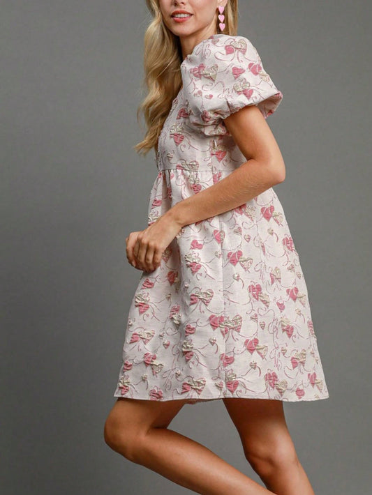 Women's Casual Babydoll Dress Cute Heart Jacquard Mini Dress Pink White Lightweight Textured Fabric Square Neck Puff Short Sleeves High Empire Waist Perfect For Spring\u002FSummer\u002FFall Bridal Showers Daytime Events Celebrations