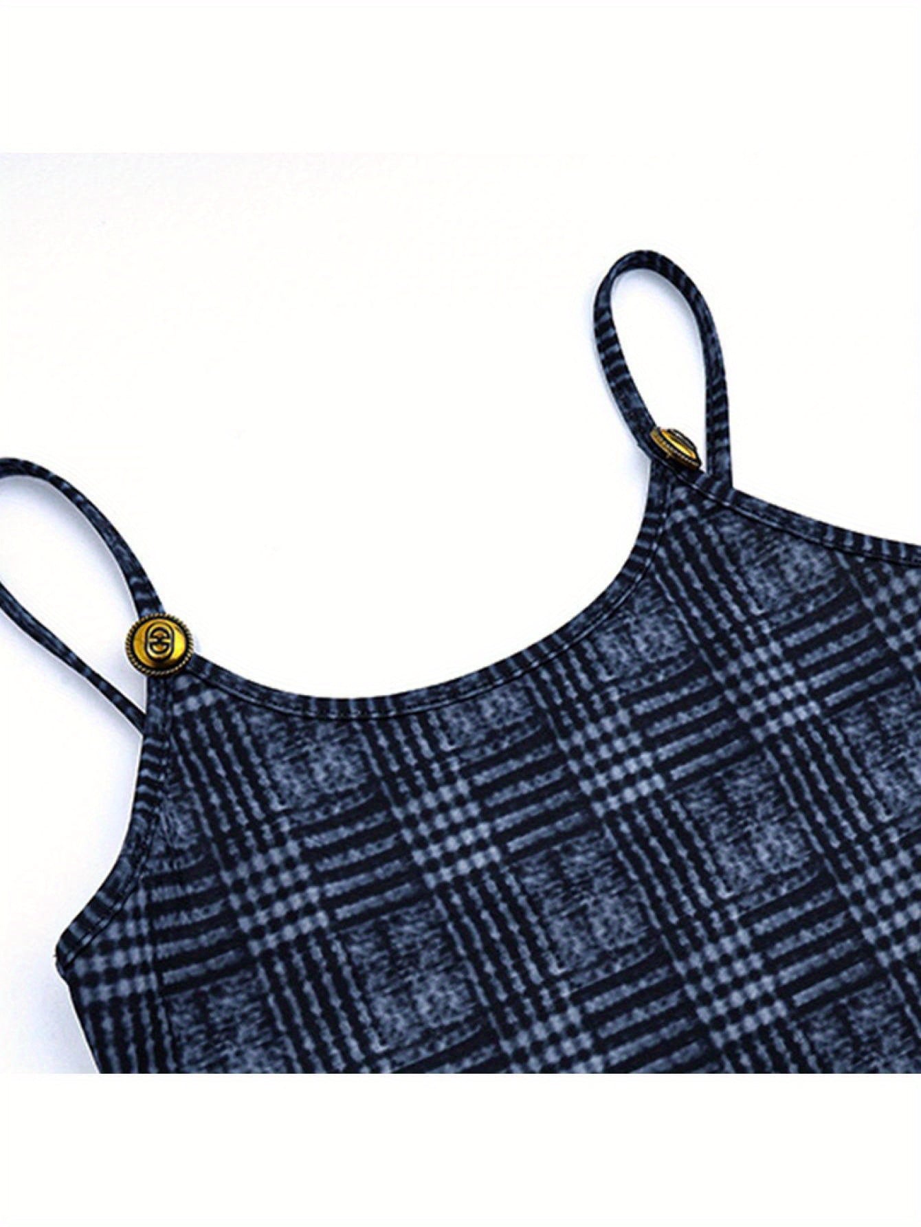 Womenacute;s Slip Dress, Sleeveless Plaid Pattern Backless Slim-Fit Metal Decoration Sling Dress, Casual Simple One-Piece Clothes