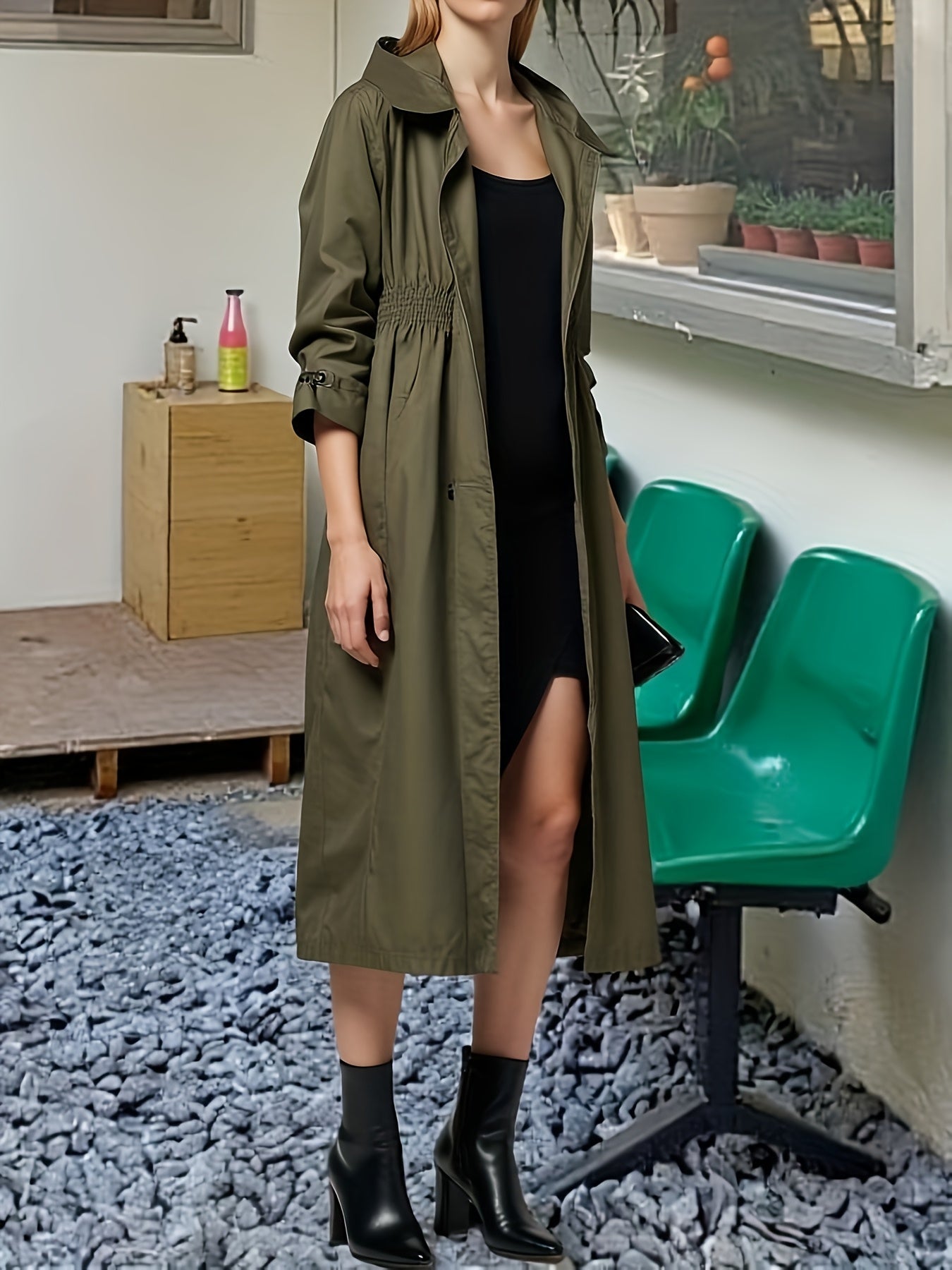 Solid Color Women's Elegant Mid-Length Hooded Windbreaker Jacket - Versatile Spring Outerwear with Waistband, Hand Washable, Middle East Collection, Semiformal Attire, Fitted Waist Design, Detailed Sleeve Design
