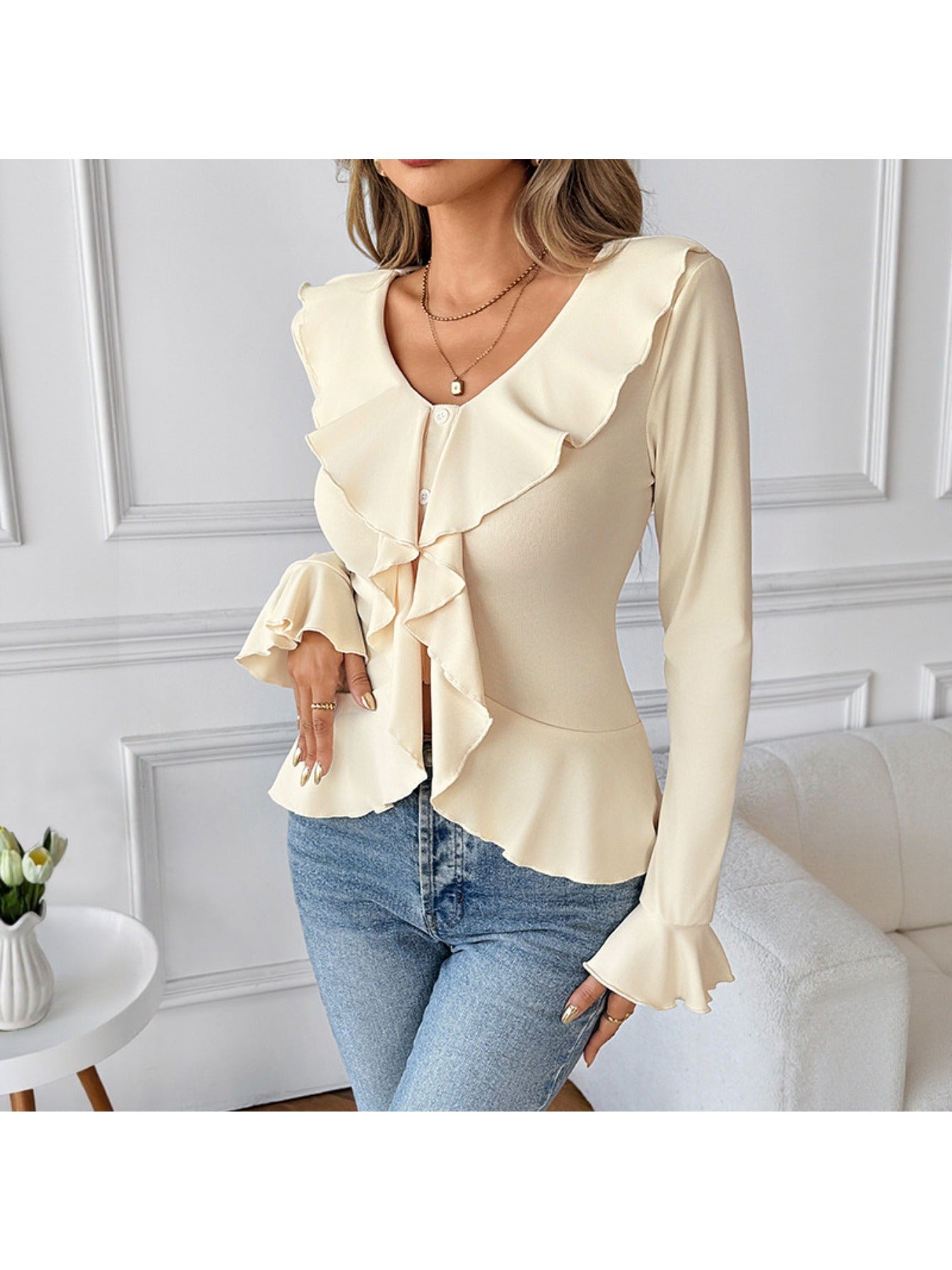 Women's Slim-Fit Ruffled Blouse - Elegant Smock Neck T-Shirt with Ruffle Collar & Short Sleeves, Solid Beige ( White) Top for Spring\u002FFall, Machine Washable Shirt for Casual & Formal Wear