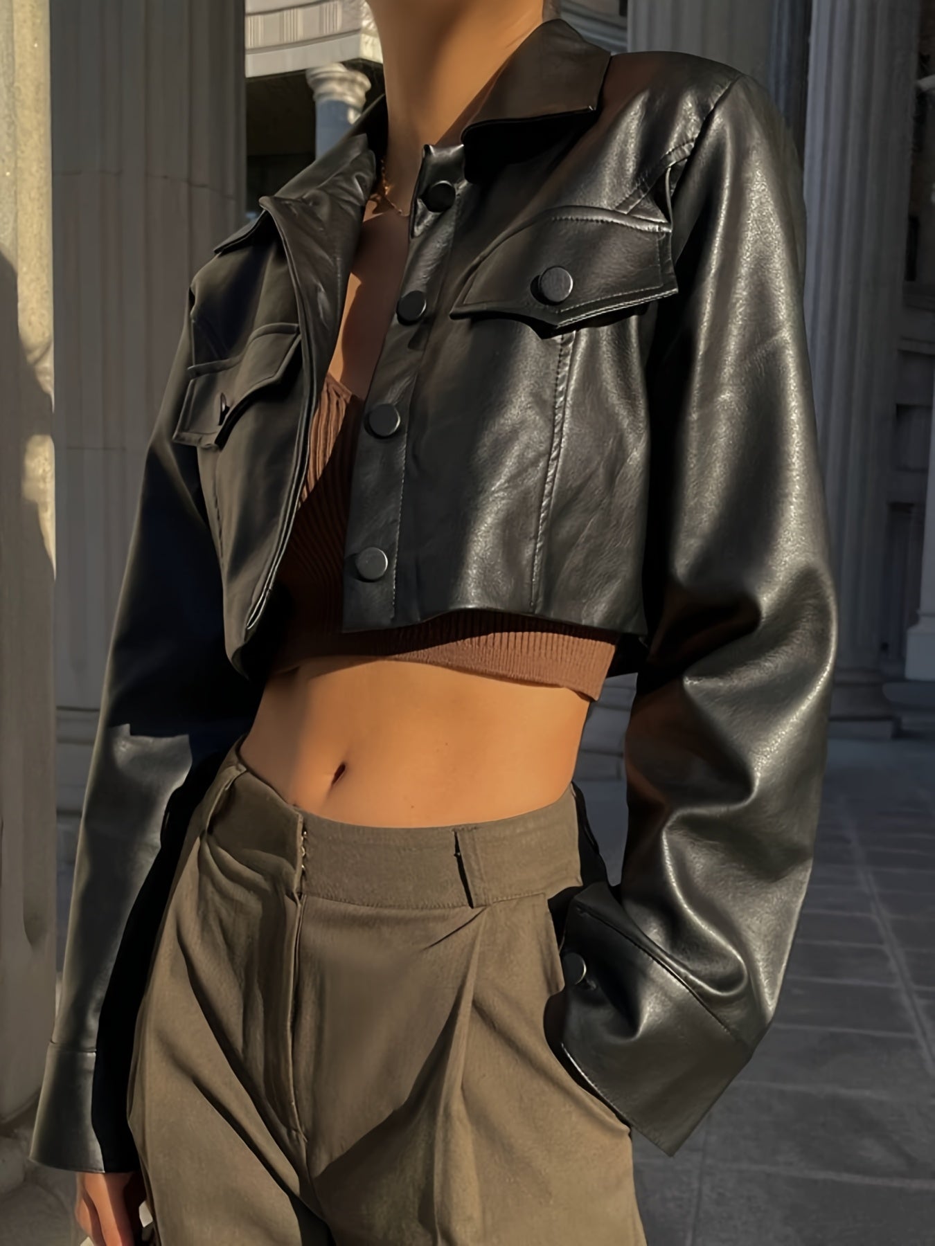 Women's Black Motorcycle Jacket Short Crop Lapel Coat - Slim-Fit H-Line Silhouette, Single-Breasted Button Front with Chest Pocket, All-Season Casual Outerwear (No Belt) for Jeans & Dresses, Machine Washable
