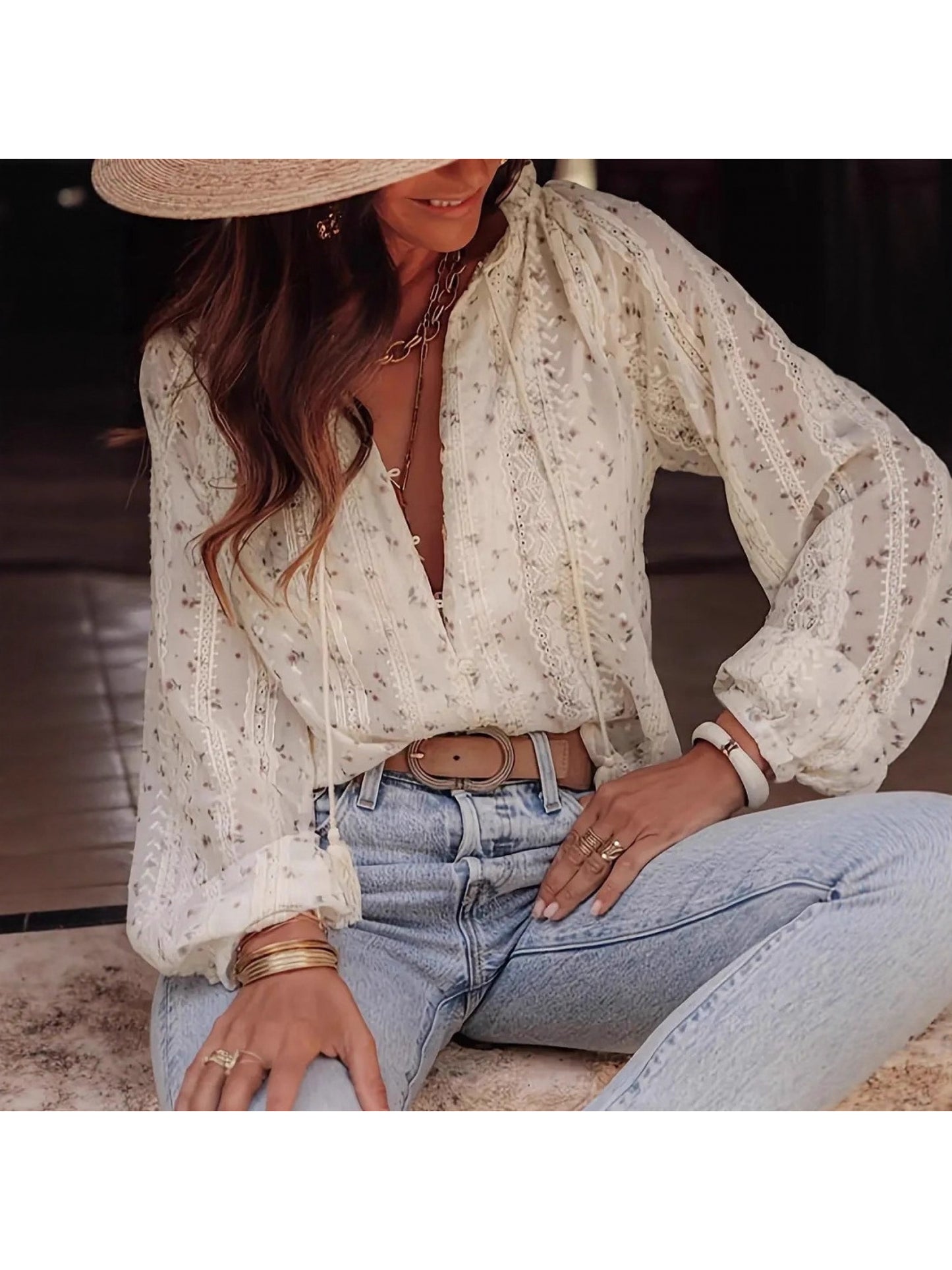 Women's Elegant Floral Lace Blouse with Puff Sleeves & - Boho-Chic White Shirt Jacket-like Button-Front Top, Bell Sleeves & Fringe Hem, Machine Washable Loose Fit for Spring\u002FFall (Casual to Wedding Events)