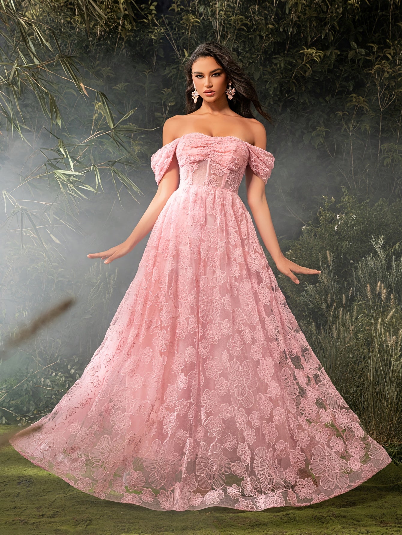 Elegant Off-Shoulder Pink Floral Mesh Gown with Ruffled Sleeves and Train - Perfect for Weddings, Parties, and Formal Events, Formal Event Dress | Offshoulder Dress | Polyester Fabric