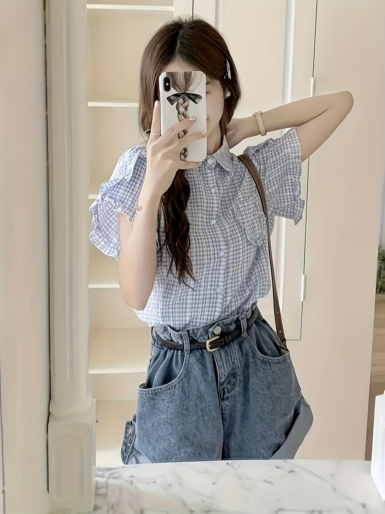 Chic Blue & White Gingham Short Sleeve Blouse with Ruffled Edges - Cute Crew Neck, Button-Up Shirt for Women, Perfect for Summer, Casual or Stylish Outfits, Ladies Blouses