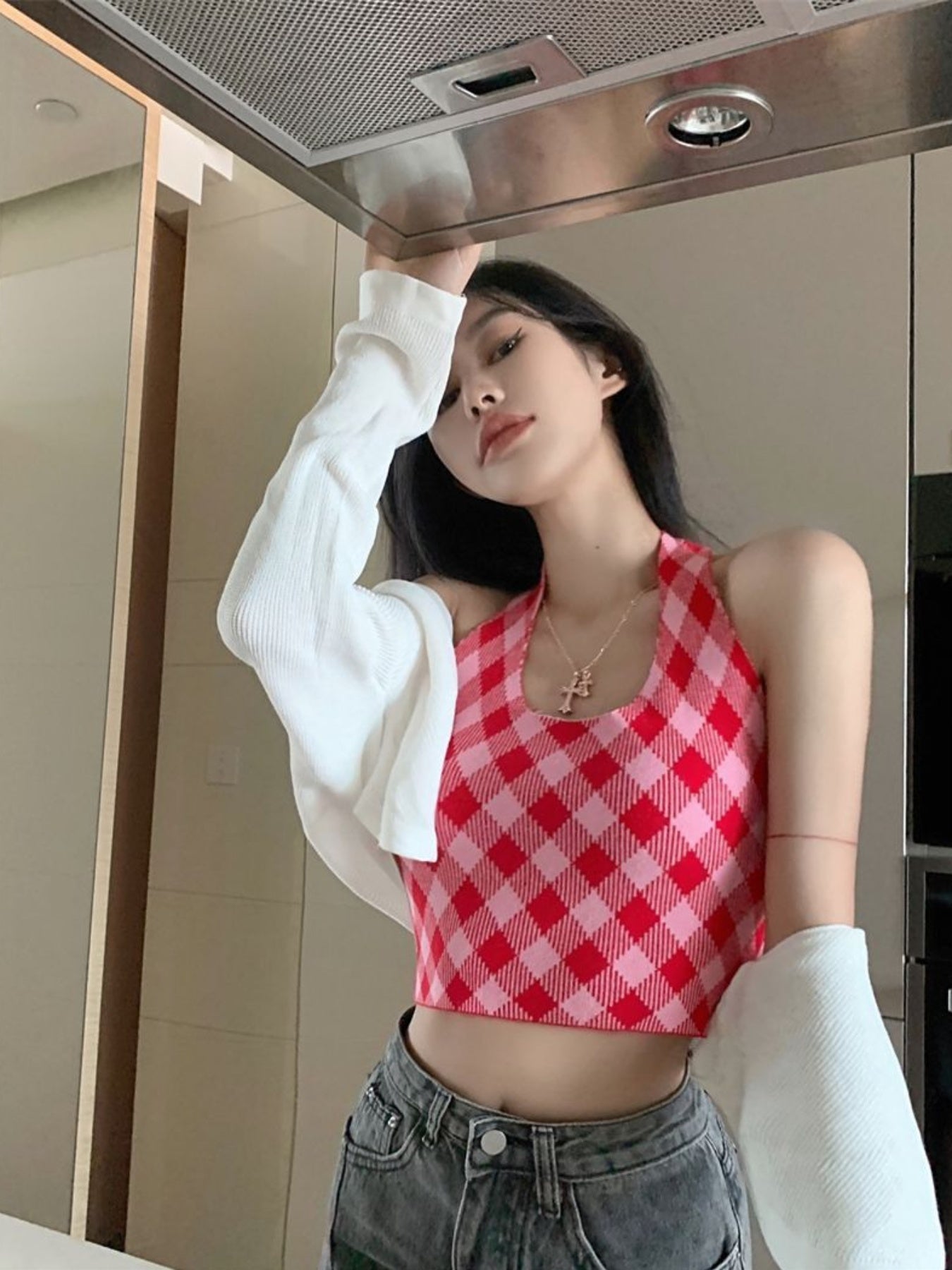 Women's Red and White Gingham Halter Crop Top - Sleeveless, Backless, Asymmetrical Cut, Summer Streetwear Tank Top, Ladies Tank Tops