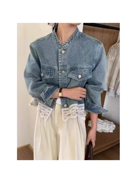 Women'S Vintage Washed Denim Jacket with Lace Trim & Stand Collar - Oversized Loose Fit Casual Coat, Light Blue Distressed Short Jacket for Fall Winter Layering, Elegant Retro Outerwear (Non-Stretch Denim), Denim Jacket Women Plus Size Curvy