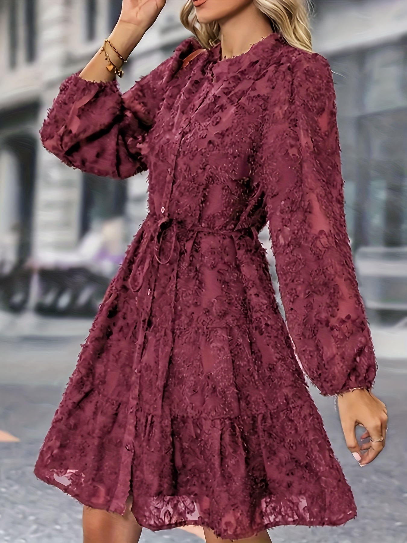 Women's Elegant Burgundy Off-Shoulder\u002FBoat Neck Long Sleeve Mini Dress - A-Line Fitted Short Cocktail Party Wedding Guest Dress, All-Season Frock with Short (No) for Year-Round Wear, Machine Washable