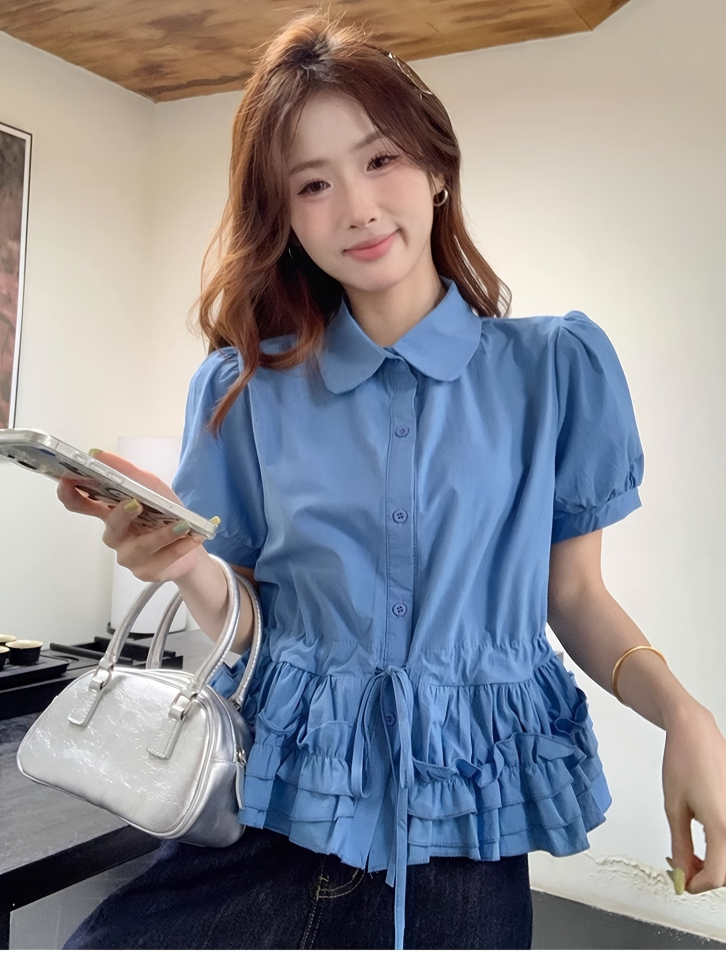 1pc Women's Elegant Ruffled Stand Collar Blouse - Slim Fit Short Sleeve Summer Top with Adjustable Drawstring Waist, Solid Color Casual to Formal Shirt, Everyday Stylish Wear, Smooth Texture Fabric, Quality Casualwear