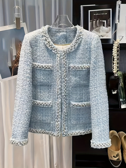 New Blue Round-Neck Jacket, French Style, Embellished with Handcrafted Beads, Versatile And Stylish Top, Model 220886-5.
