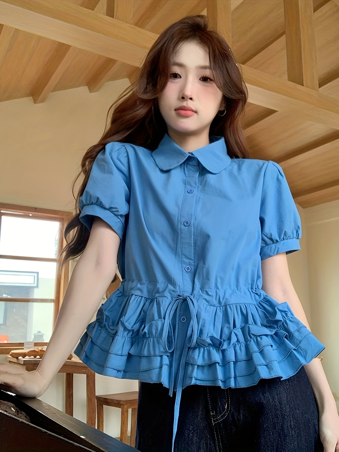 1pc Women's Elegant Ruffled Stand Collar Blouse - Slim Fit Short Sleeve Summer Top with Adjustable Drawstring Waist, Solid Color Casual to Formal Shirt, Everyday Stylish Wear, Smooth Texture Fabric, Quality Casualwear
