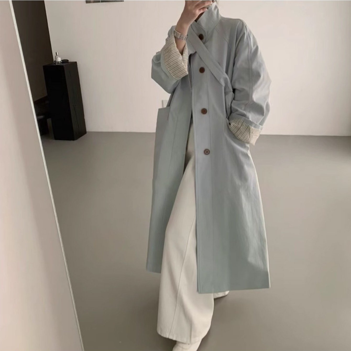 Women's Korean-Style Oversized Trench Coat - Beige with Dark Brown Button Closure, Belt-Accent Collar, All-Season Long Coat for Petite & Short Women, Casual to Professional Wear (Hand Washable, 2025 New Model) by Ding Darwin