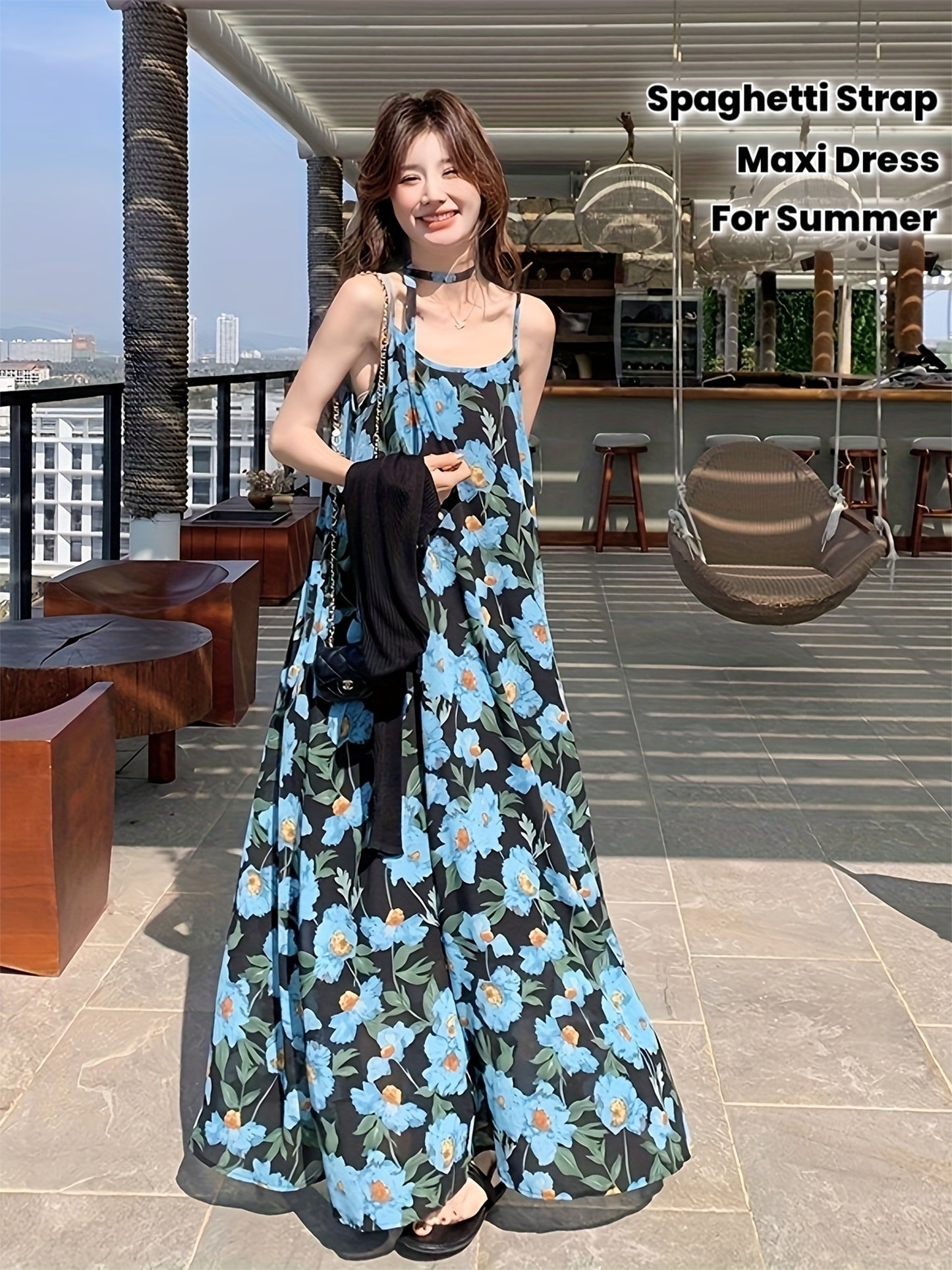 Women's Elegant Floral maxi dress - One-Shoulder\u002FSpaghetti Strap Beach party Outfit, Flowy A-Line Formal Casual Evening gown in Blue Floral Print for Women, Beach Dresses, Summer Fashion, Relaxed Fit Fabric