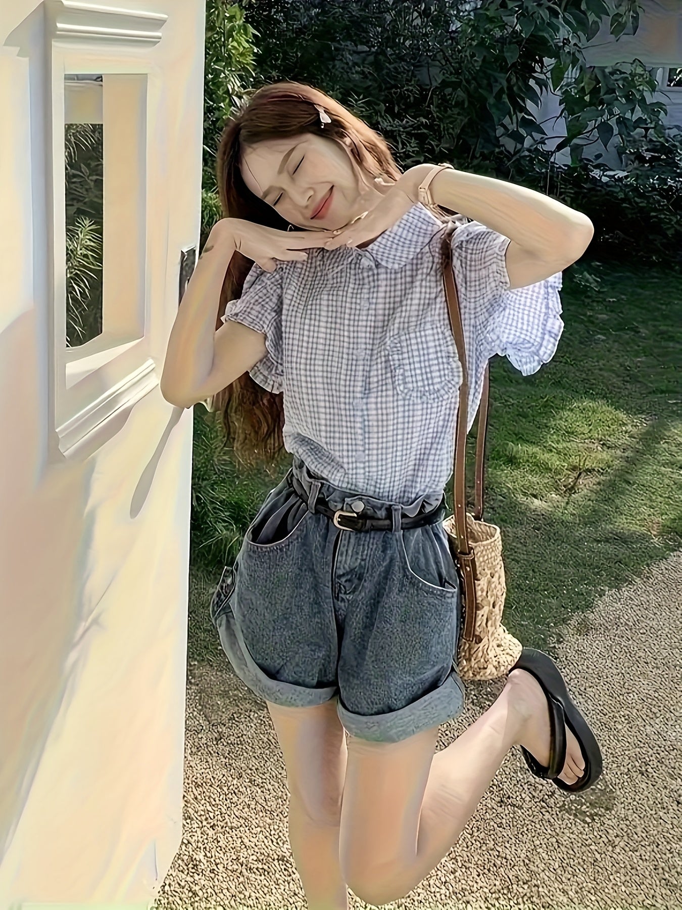 Chic Blue & White Gingham Short Sleeve Blouse with Ruffled Edges - Cute Crew Neck, Button-Up Shirt for Women, Perfect for Summer, Casual or Stylish Outfits, Ladies Blouses