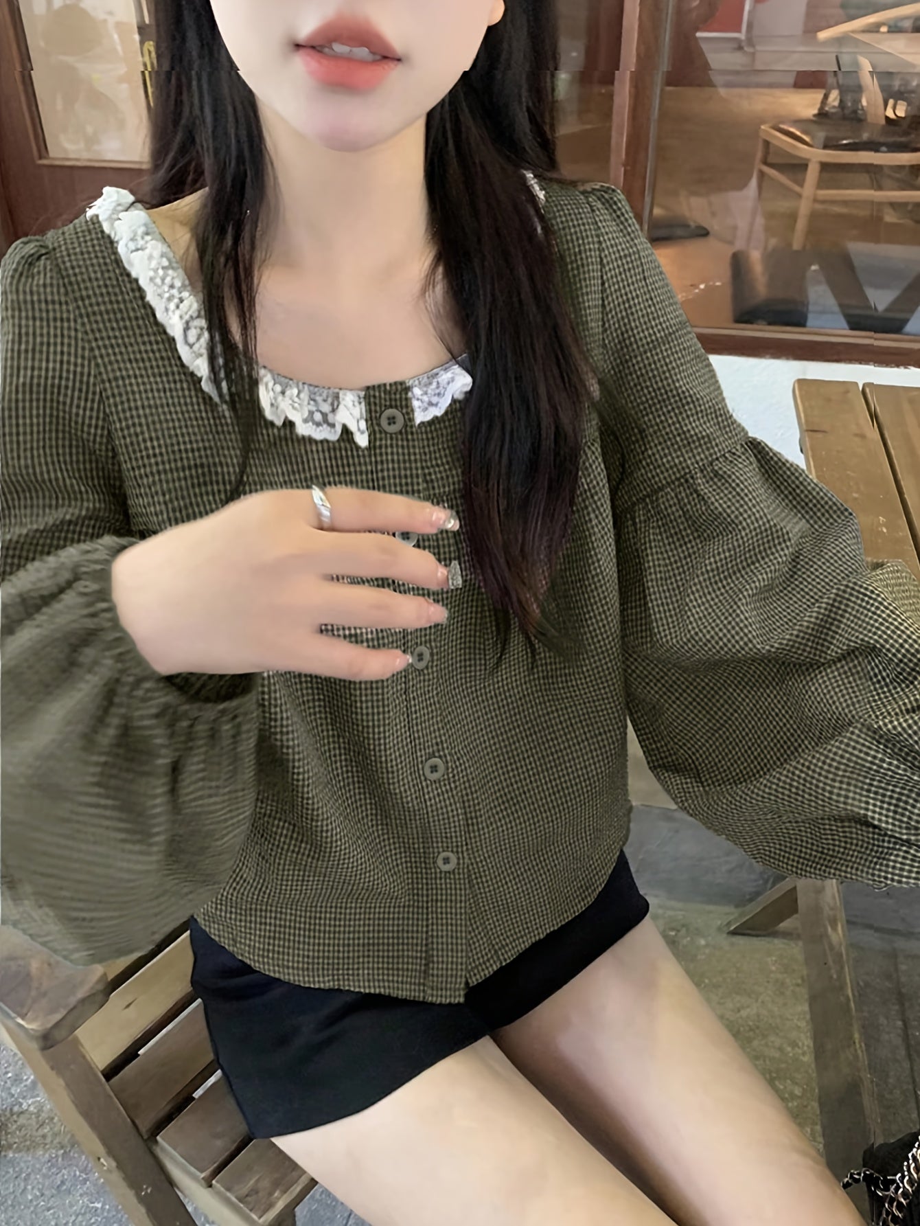 Vintage Plaid Square Neck Top with Sweet Contrast Lace Inserts for Spring, Summer and Autumn Women's Shirt