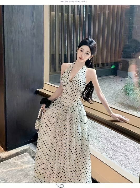 Women's Elegant Polka Dot V-Neck Halter Neck Dress - Backless Ruffled Hem, Fitted Top & Flowy Skirt, Lightweight Polyester, Machine Washable, All-Season Vacation & Formal Wear