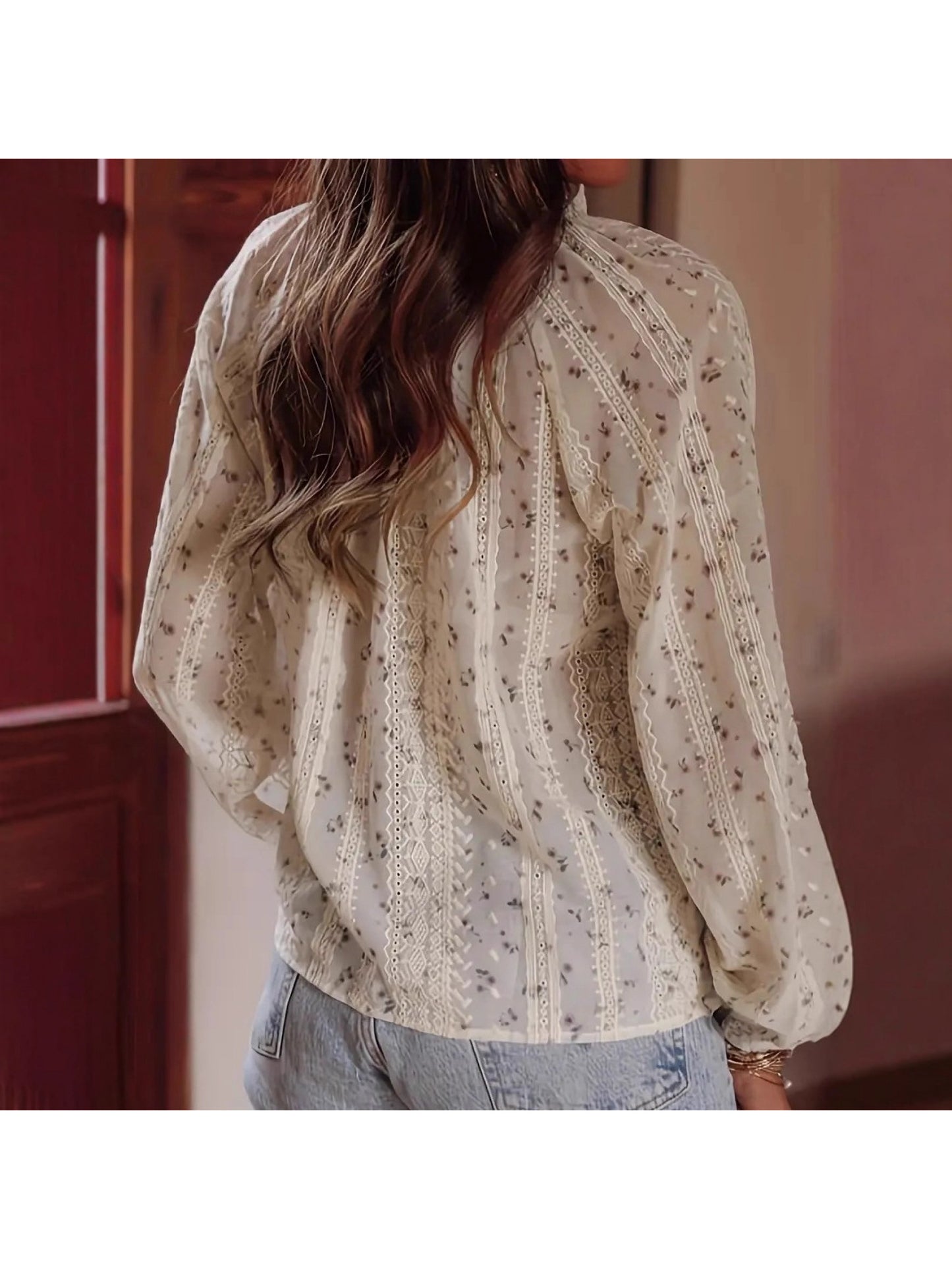 Women's Elegant Floral Lace Blouse with Puff Sleeves & - Boho-Chic White Shirt Jacket-like Button-Front Top, Bell Sleeves & Fringe Hem, Machine Washable Loose Fit for Spring\u002FFall (Casual to Wedding Events)
