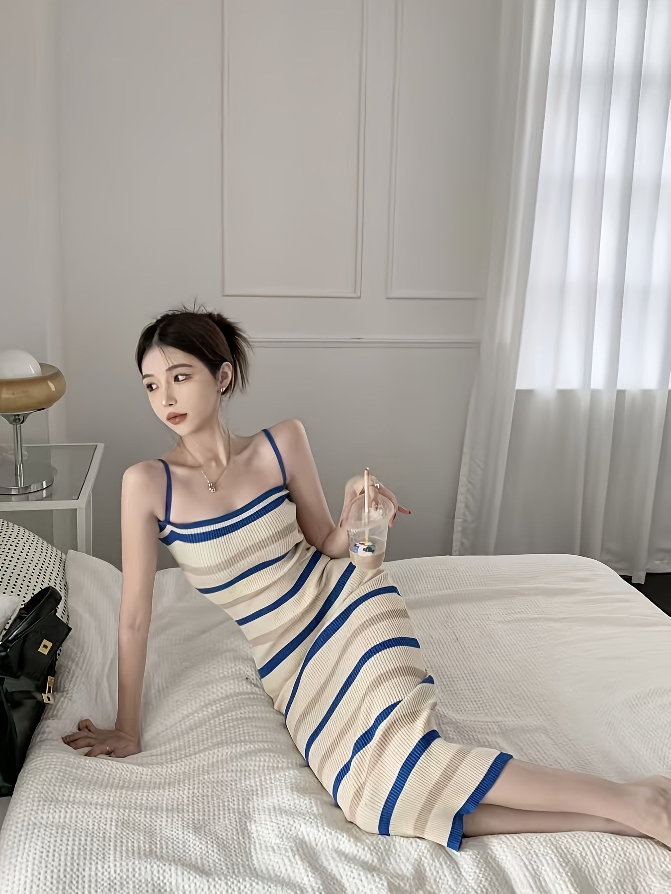Women's French Striped Midi Dress - Strapless\u002FOne-Shoulder Boat Neck A-Line Layering Dress, Beige\u002FNavy\u002FWhite Horizontal Stripes, All-Season Slip Dress or Outerwear, Hand Washable Casual to Elegant Blouse