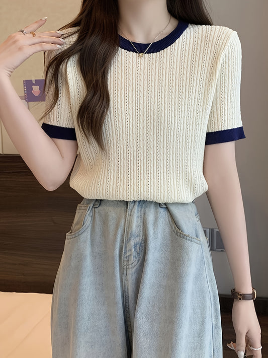 Women's Contrast Color Trim Round Neck Short Sleeve Sweater - High Elasticity Casual Pullover, All-Season Regular Fit Top with Navy & White Trim, Soft Stretchy for Everyday Casual Wear, Cute Sweaters