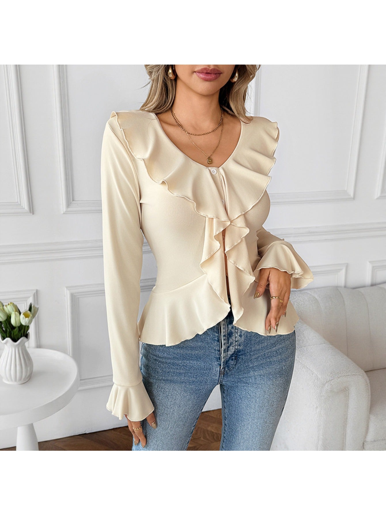 Women's Slim-Fit Ruffled Blouse - Elegant Smock Neck T-Shirt with Ruffle Collar & Short Sleeves, Solid Beige ( White) Top for Spring\u002FFall, Machine Washable Shirt for Casual & Formal Wear