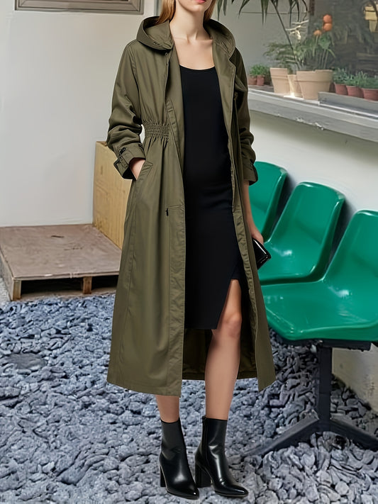 Solid Color Women's Elegant Mid-Length Hooded Windbreaker Jacket - Versatile Spring Outerwear with Waistband, Hand Washable, Middle East Collection, Semiformal Attire, Fitted Waist Design, Detailed Sleeve Design