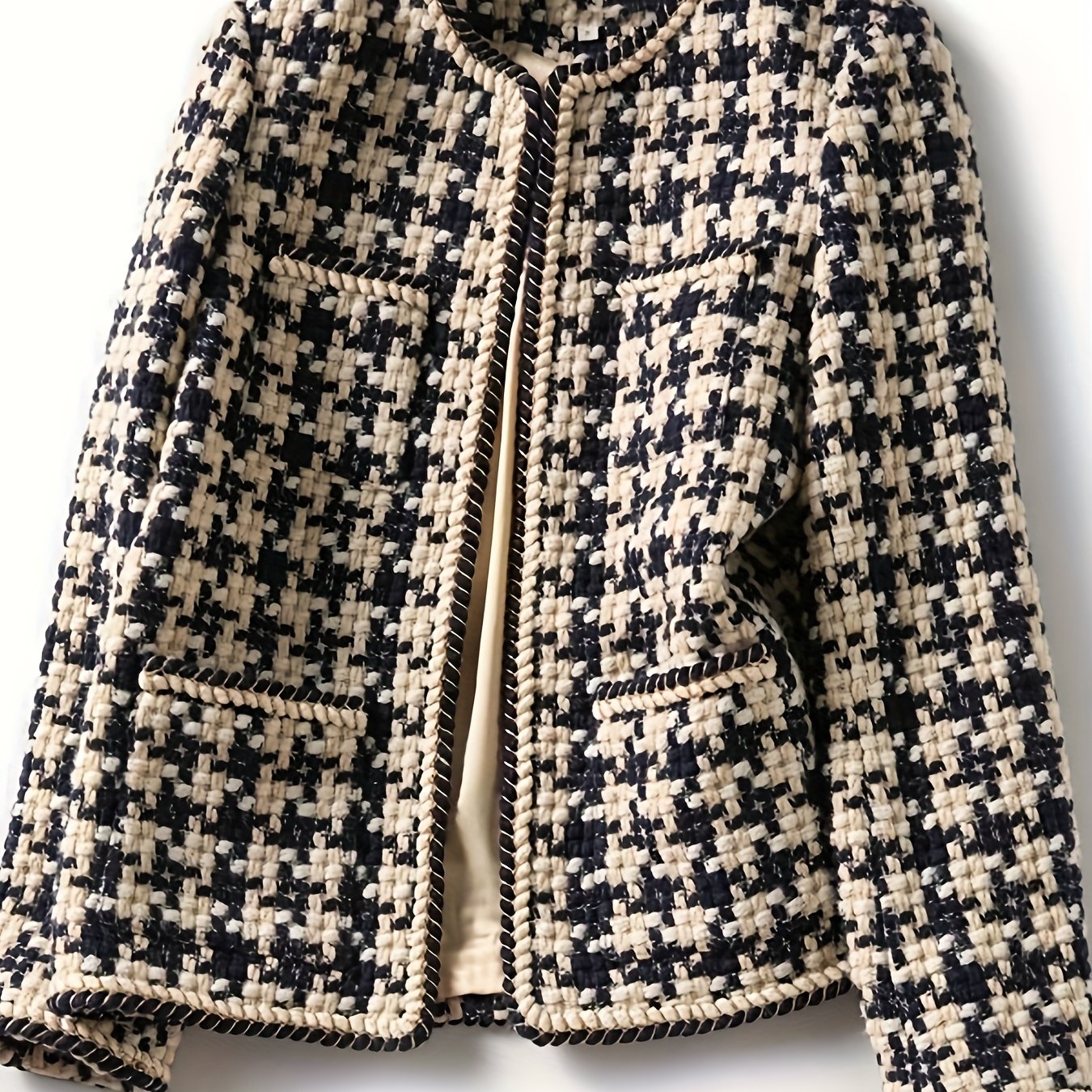 Women's Houndstooth Tweed Blazer Coat - Beige\u002F\u002FBlack\u002FBrown\u002FBurgundy Jacket with White Piping, Structured Collar & Button Front, Machine Washable British-Inspired Outerwear for Office, Weddings & Casual