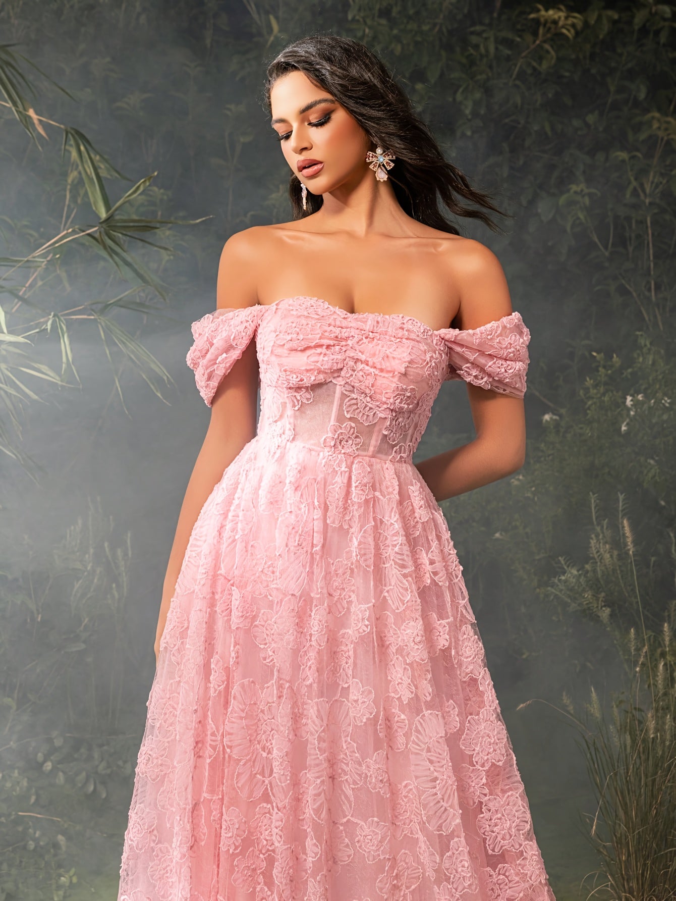 Elegant Off-Shoulder Pink Floral Mesh Gown with Ruffled Sleeves and Train - Perfect for Weddings, Parties, and Formal Events, Formal Event Dress | Offshoulder Dress | Polyester Fabric