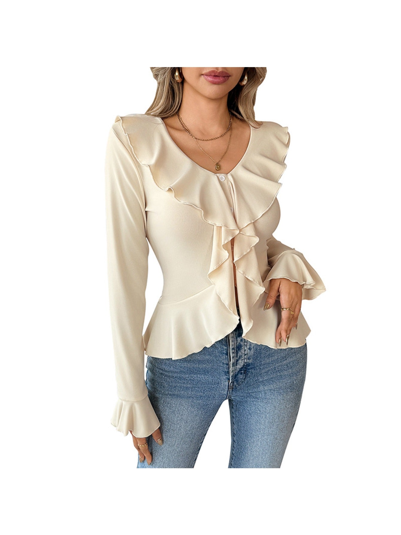 Women's Slim-Fit Ruffled Blouse - Elegant Smock Neck T-Shirt with Ruffle Collar & Short Sleeves, Solid Beige ( White) Top for Spring\u002FFall, Machine Washable Shirt for Casual & Formal Wear