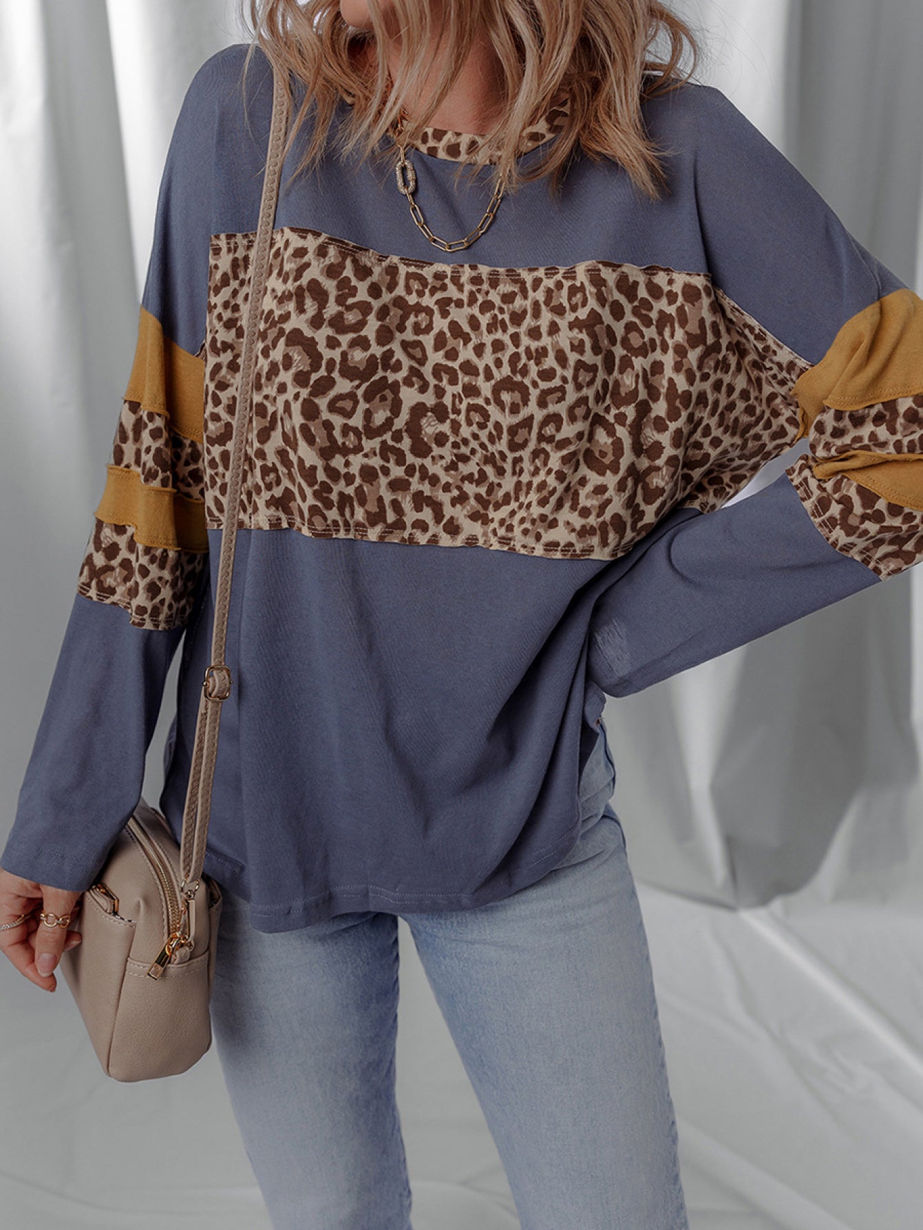 Women's Leopard Print Faux Collar Sweatshirt - Elegant Irregular Hem Long Sleeve Crewneck Pullover, Beige\u002FBrown\u002FTaupe Winter Sweater for Fall & Winter, Casual to Dressy Outfits (No-Stretch Fabric)