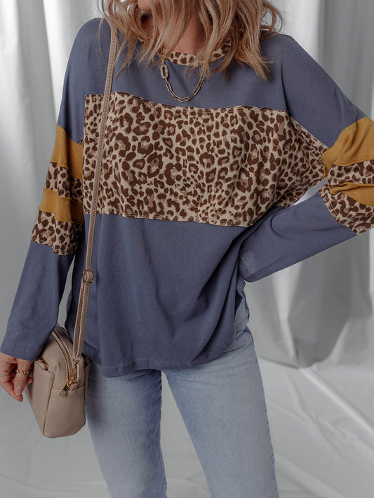 Women's Leopard Print Faux Collar Sweatshirt - Elegant Irregular Hem Long Sleeve Crewneck Pullover, Beige\u002FBrown\u002FTaupe Winter Sweater for Fall & Winter, Casual to Dressy Outfits (No-Stretch Fabric)