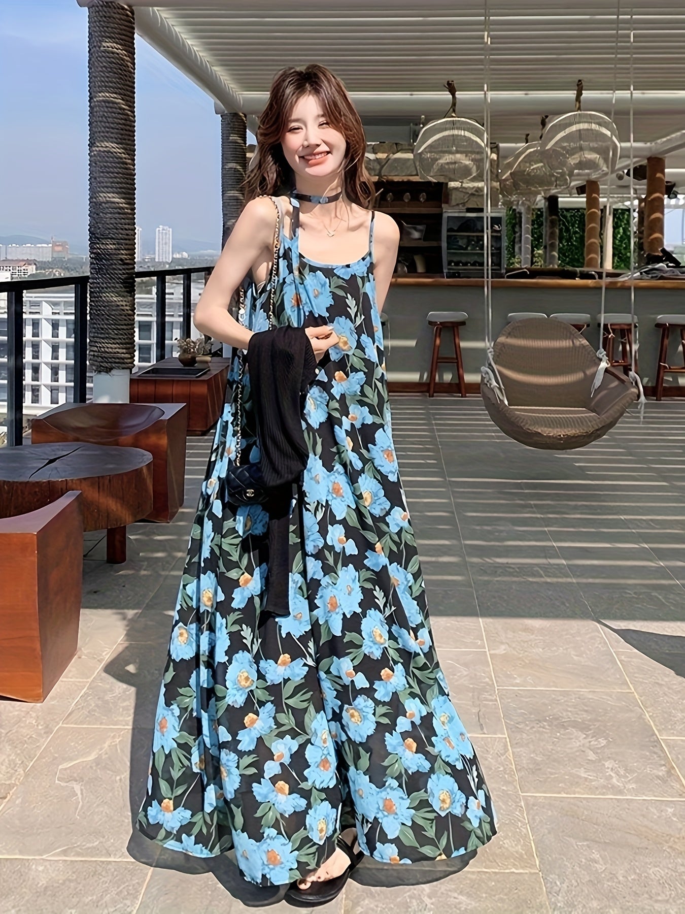 Women's Elegant Floral maxi dress - One-Shoulder\u002FSpaghetti Strap Beach party Outfit, Flowy A-Line Formal Casual Evening gown in Blue Floral Print for Women, Beach Dresses, Summer Fashion, Relaxed Fit Fabric