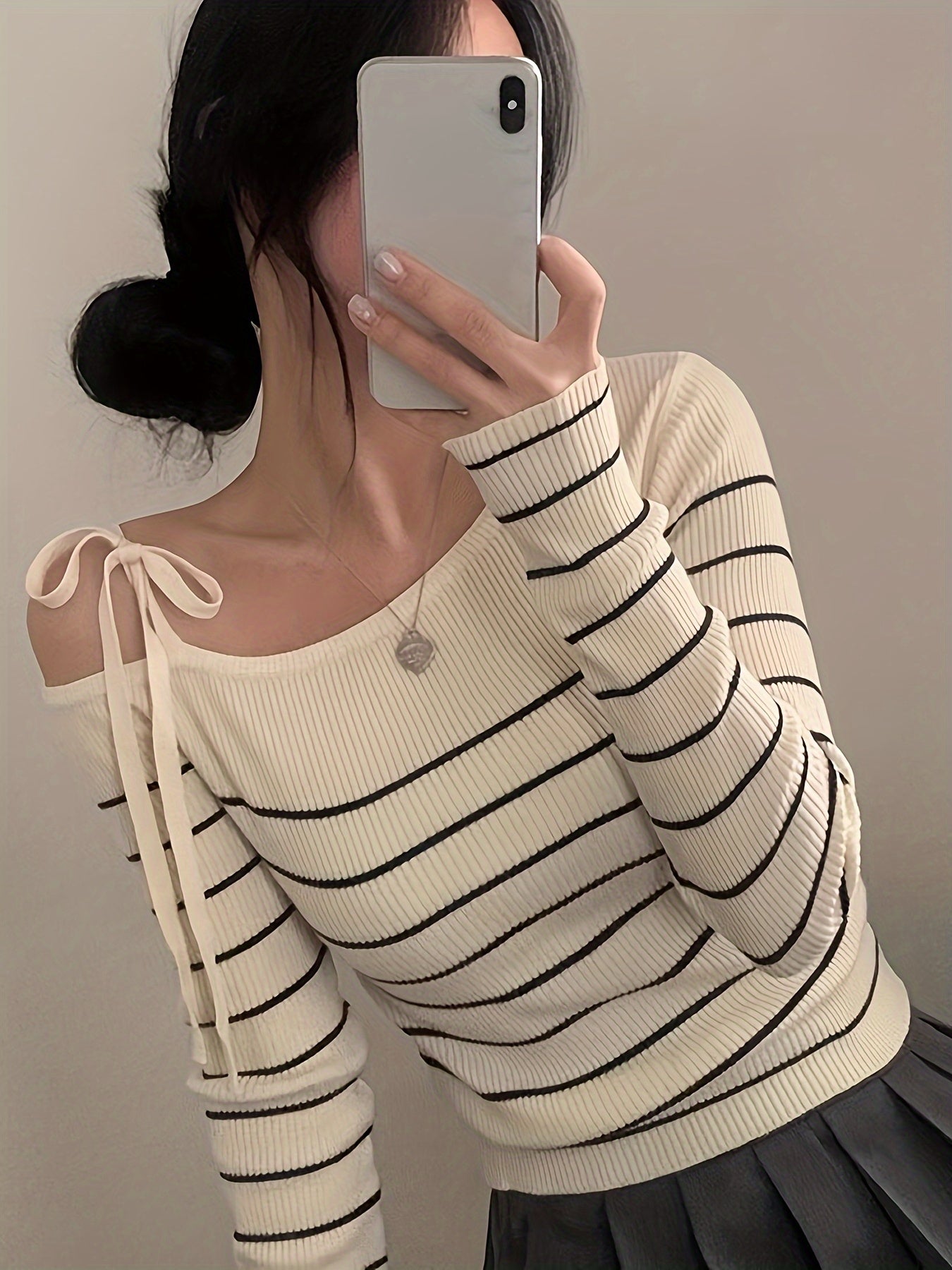 Women's Chic Off-Shoulder Sweater T-Shirt - Black & White Horizontal Stripes, Adjustable Drawstring Neckline, Medium Stretch Top for Fall\u002FWinter, Elegant Casual Everyday Formal Outfits, Fall Fashion, Comfortable Fit
